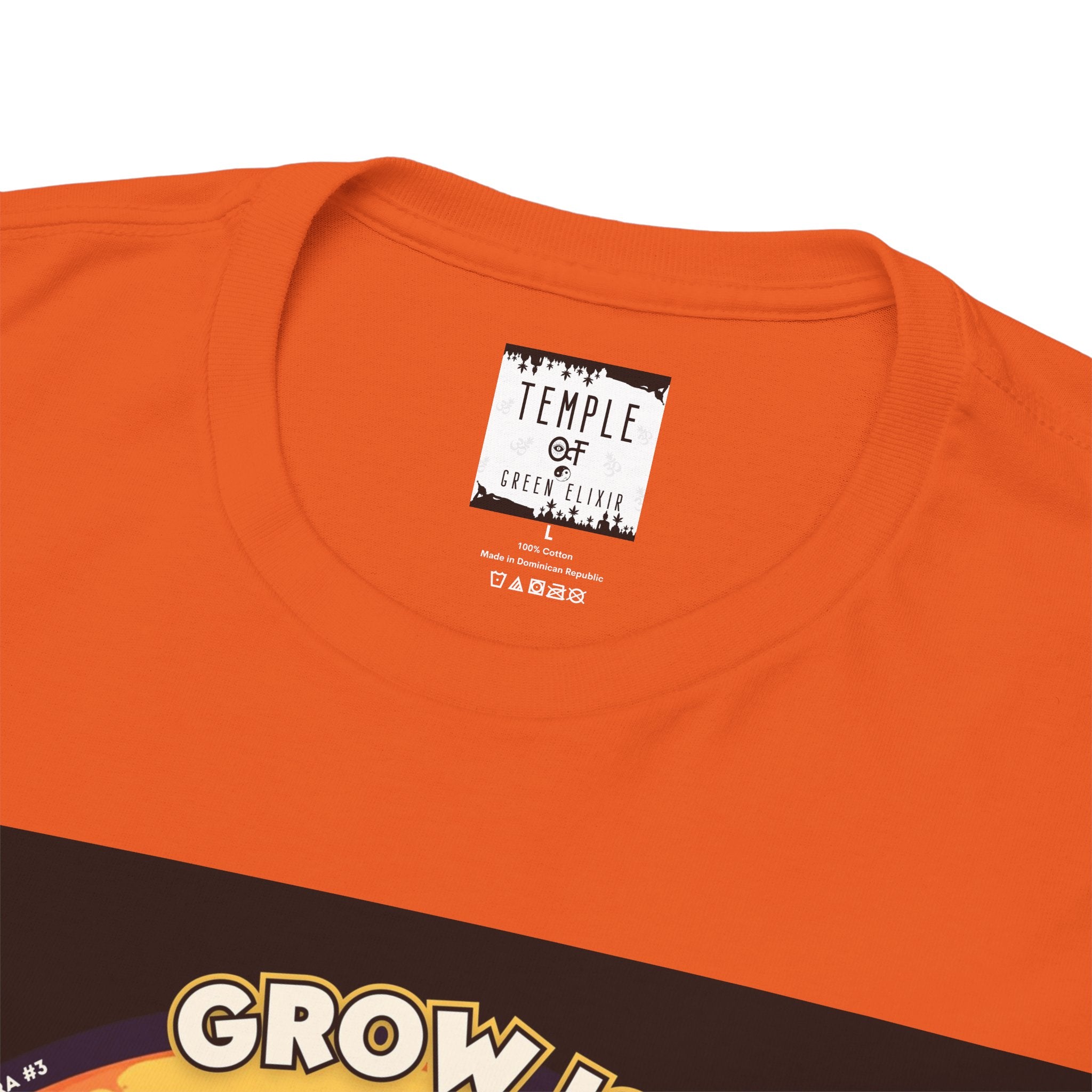 Temple of green Elixir Drucklabel in der innerseite von orangem Nine Lions T-shirt