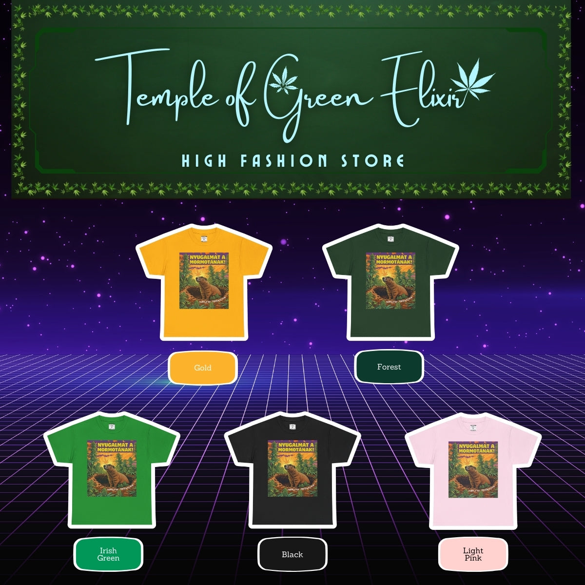 Nyugalmat a Mormotának T-shirt Color chart: Gelb, Waldgrün, Irischgrün, Schwarz, Hellrosa