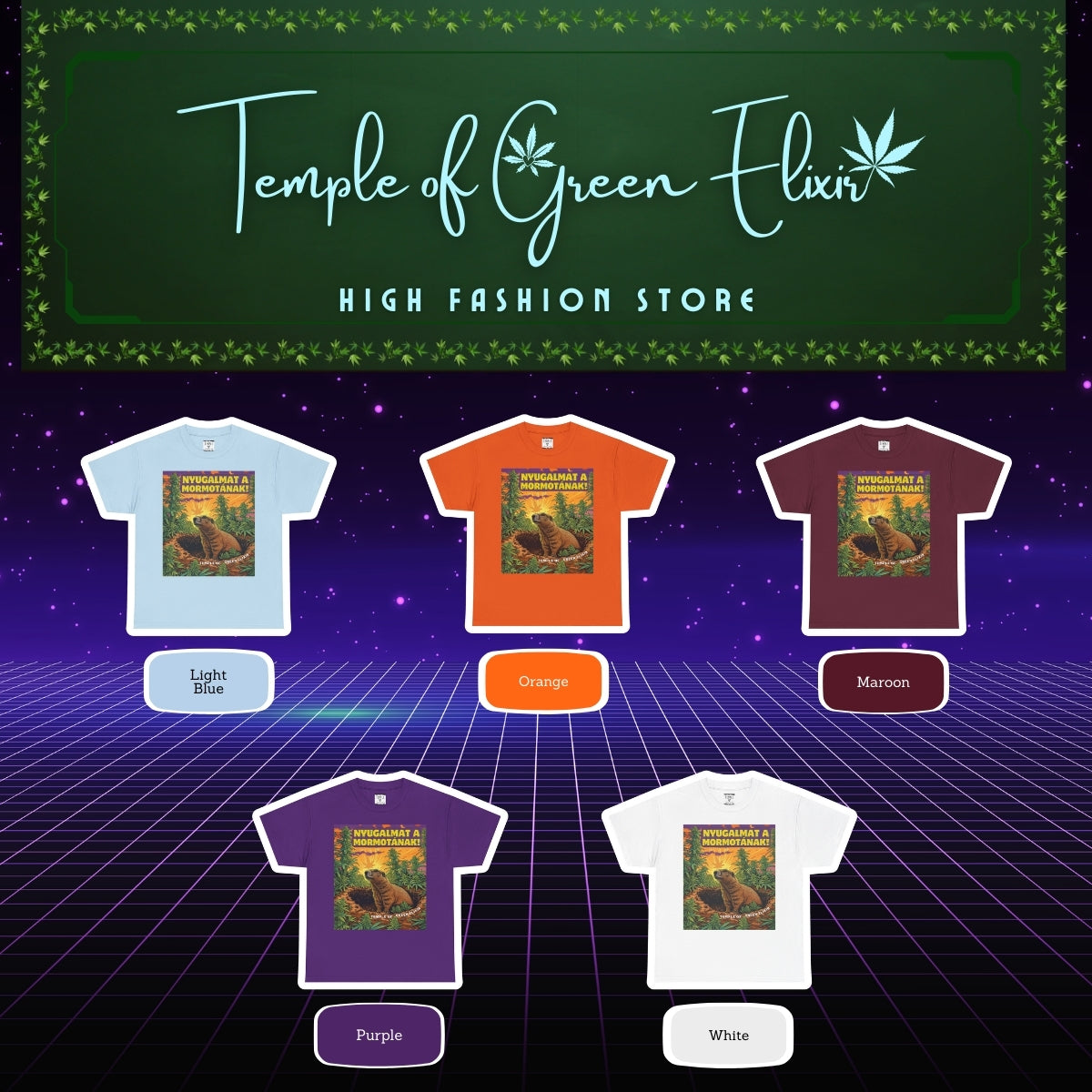 Nyugalmat a Mormotának T-shirt Color chart: Hellblau, Orange, Kastanienbraun, Lila, Weiß