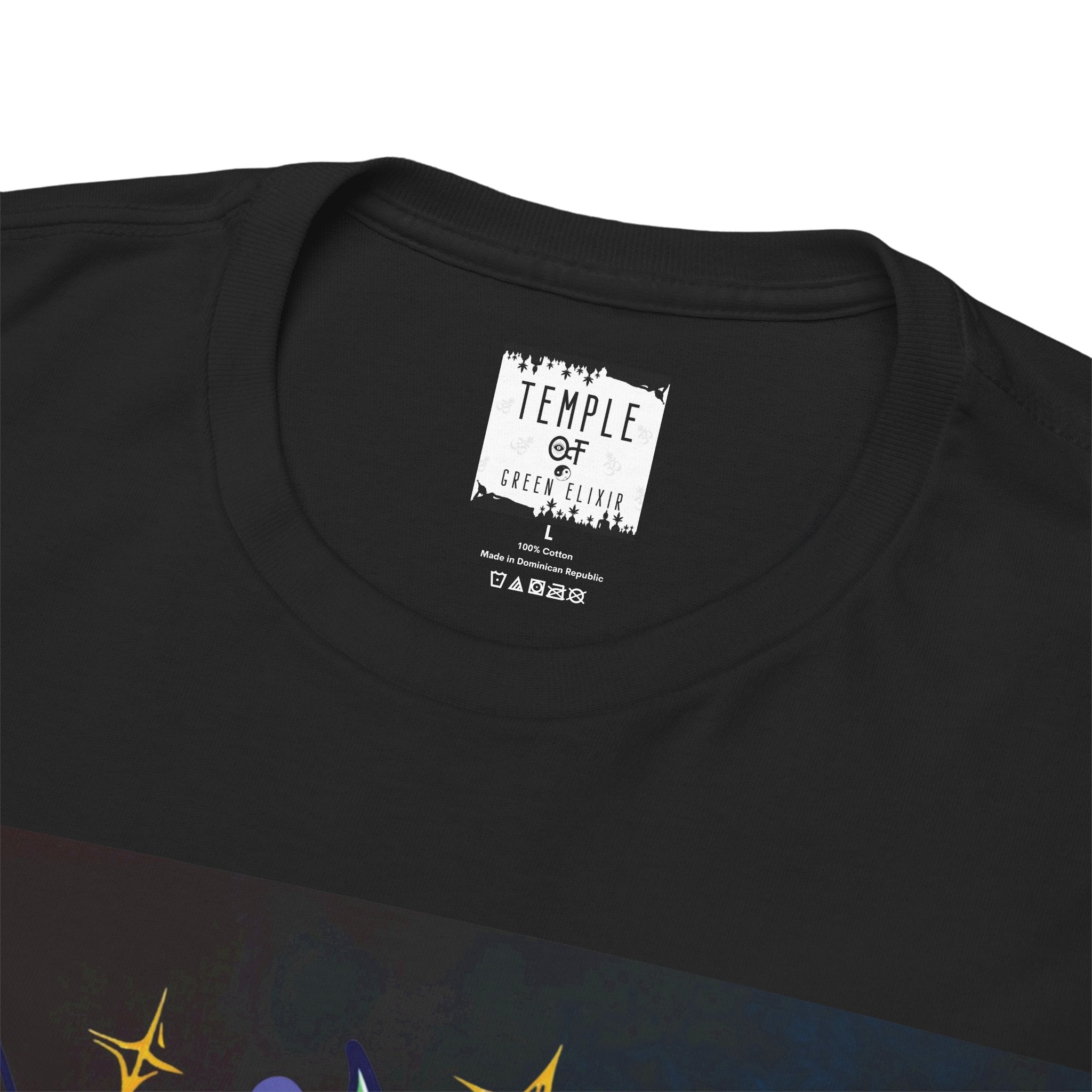 Temple of green Elixir Drucklabel in der innerseite von Permanent Marker schwarzem T-shirt