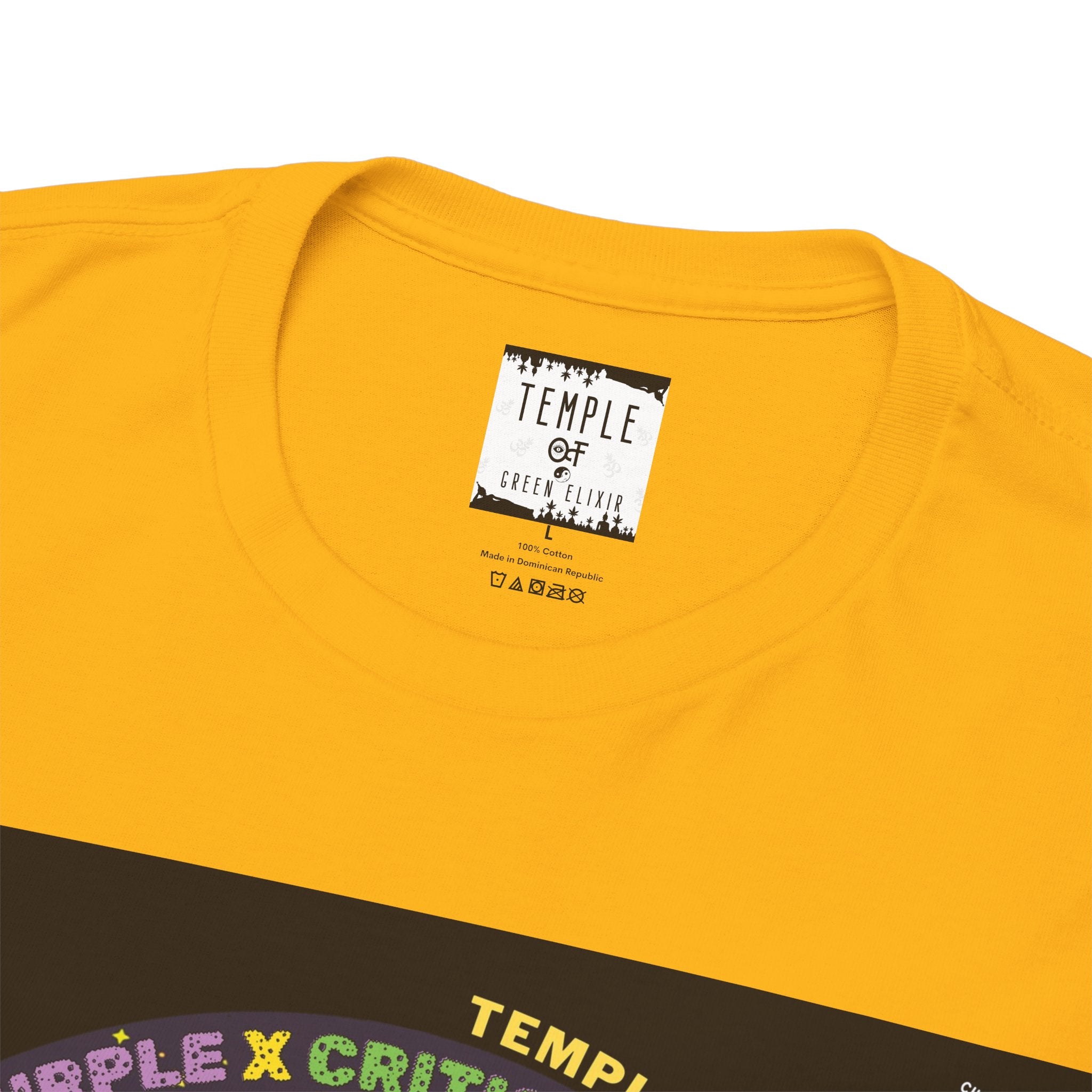 Temple of green Elixir Drucklabel in der innerseite vom gelben Peyote Critical T-shirt