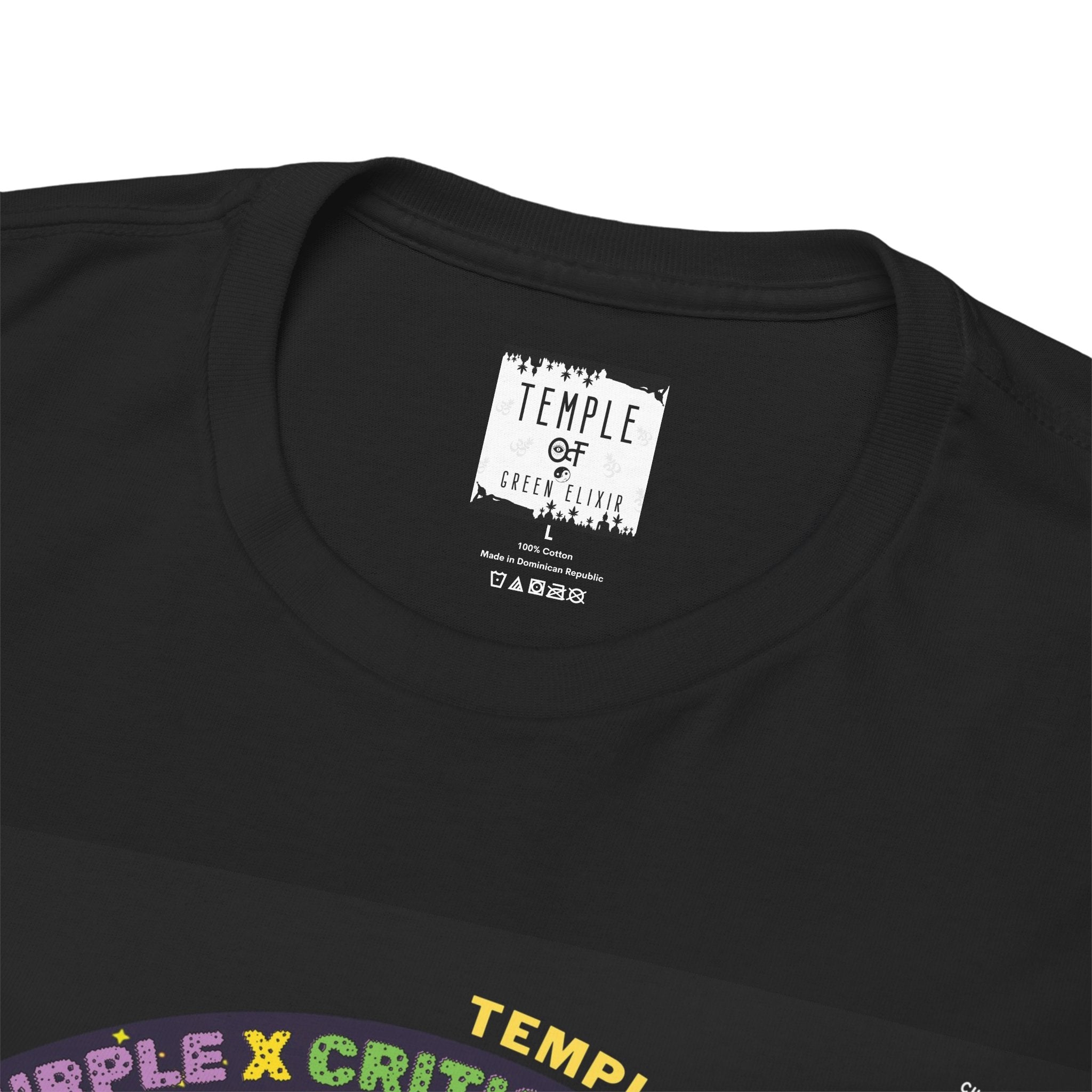 Temple of green Elixir Drucklabel in der innerseite vom schwarzen Peyote Critical T-shirt
