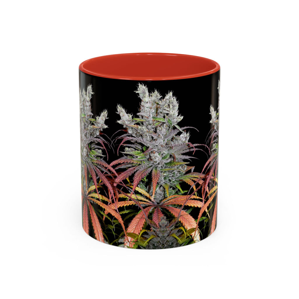 Cannabis Art Tasse von Temple of Green Elixir mit roten Innenfarbe.  Eine stilvolle Tasse für Pflanzenliebhaber. Das Design zeigt eine majestätische Cannabis-Staude in voller Blüte, deren farbige Blätter auf dem schwarzen Untergrund leuchten.﻿