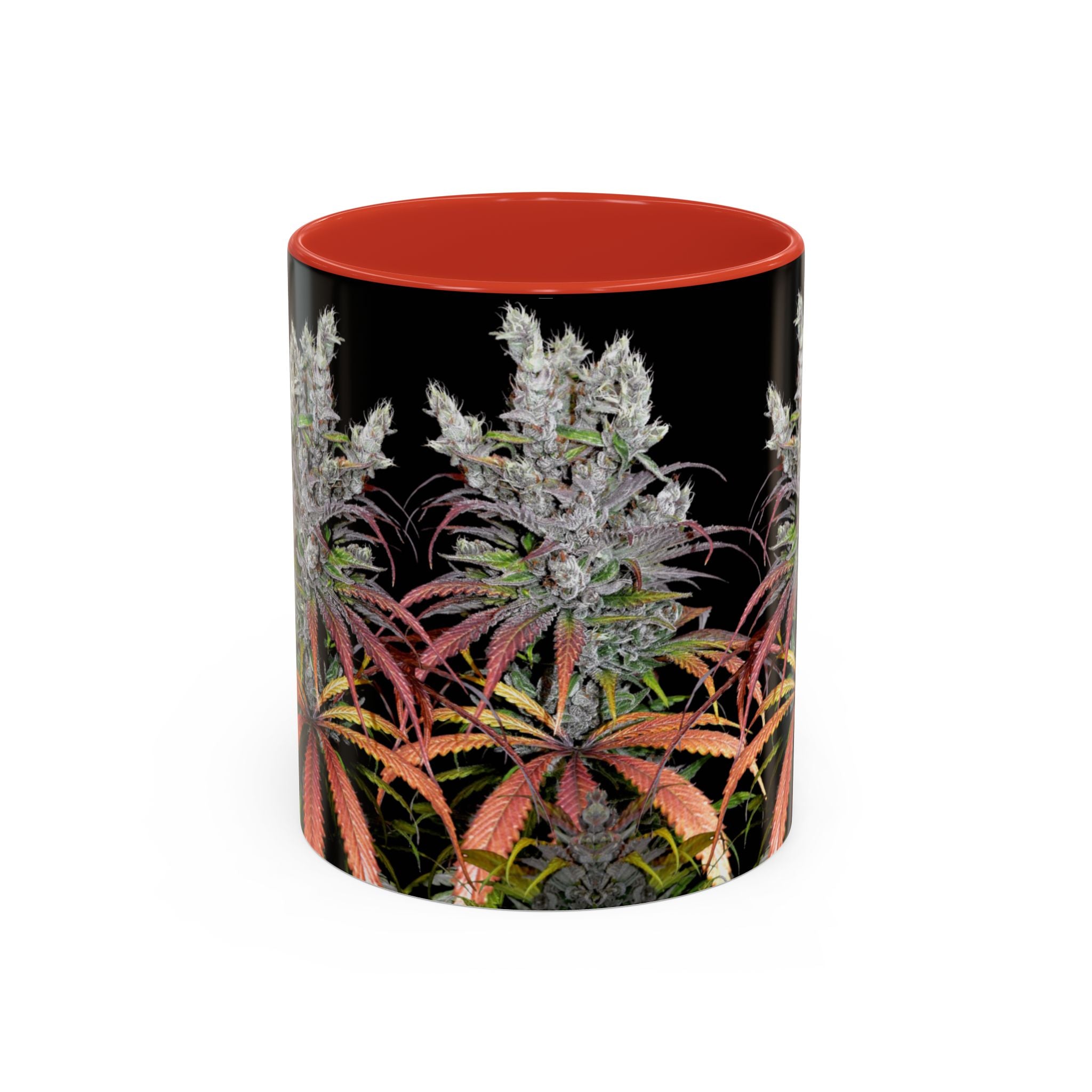 Cannabis Art Tasse von Temple of Green Elixir mit roten Innenfarbe.  Eine stilvolle Tasse für Pflanzenliebhaber. Das Design zeigt eine majestätische Cannabis-Staude in voller Blüte, deren farbige Blätter auf dem schwarzen Untergrund leuchten.﻿