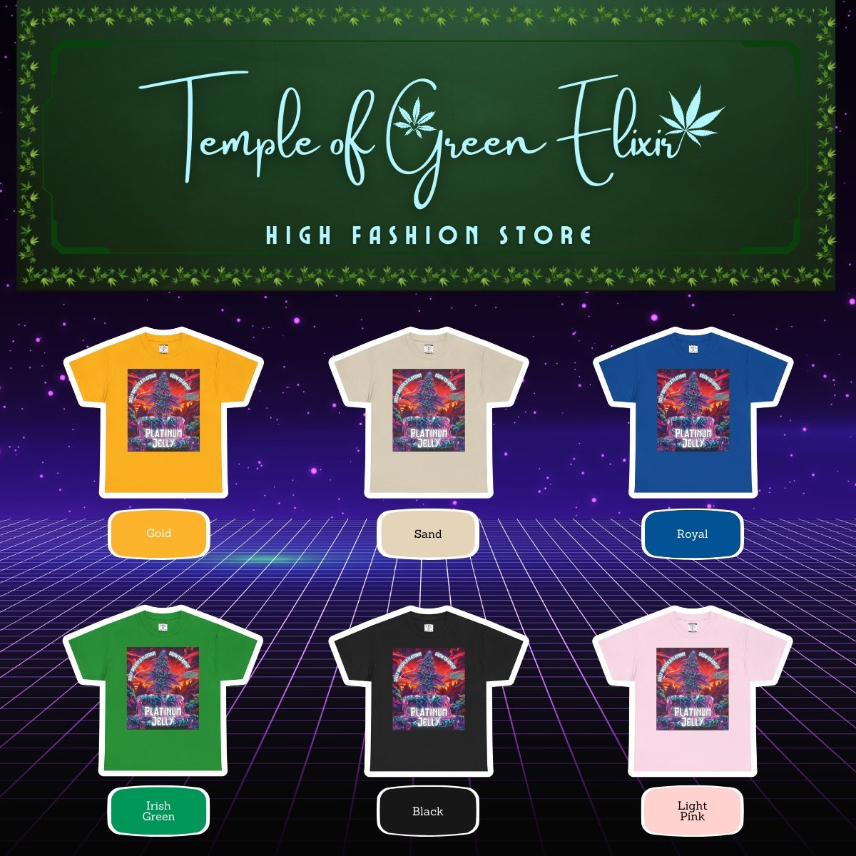 Platinum Jelly T-shirt Color chart:
Gelb, Sand, blau, Irischgrün, Schwarz, Hellrosa