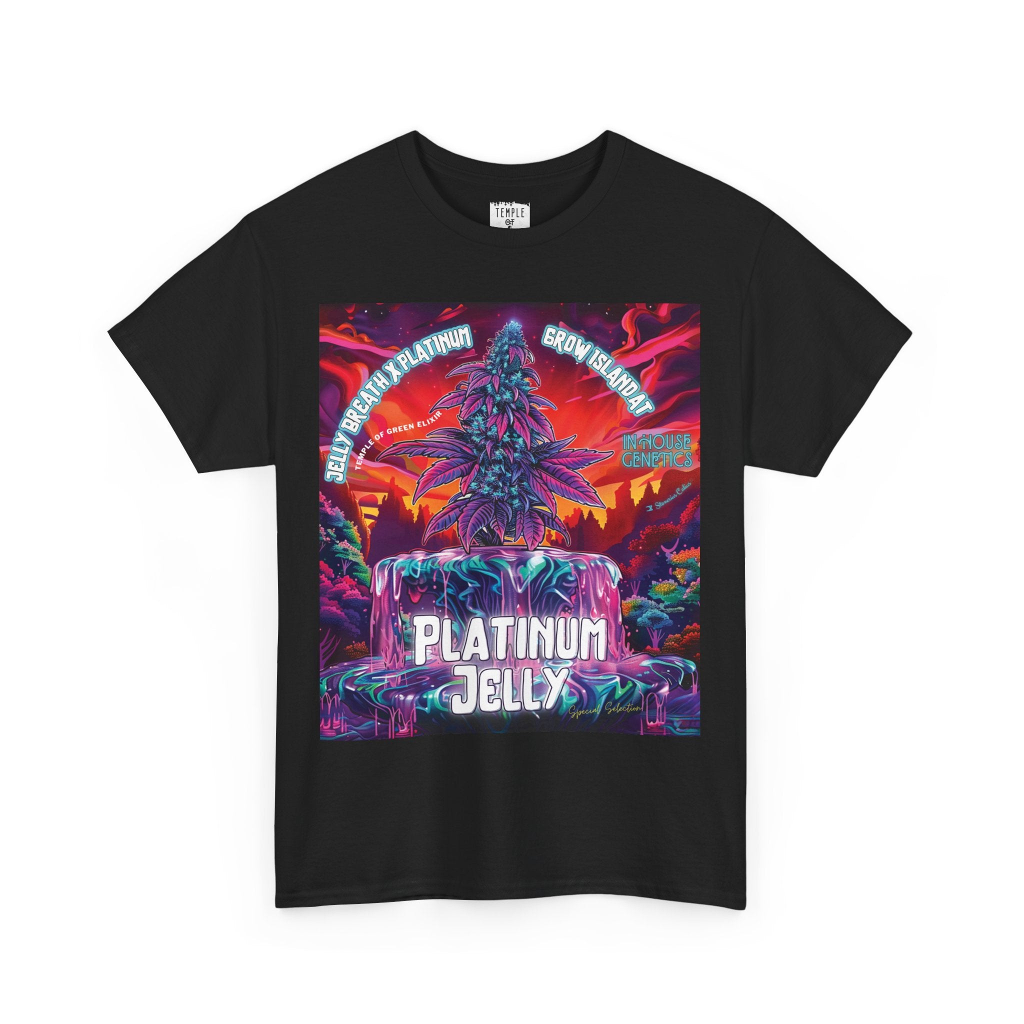 Platinum Jelly schwarzes T-shirt, 
Im Zentrum des Designs steht eine in Violett- und Goldtönen kristallin leuchtende Cannabis-Pflanze, aus der die Kraft der Jelly Breath × Platinum Genetik strömt. Im Hintergrund schaffen ein surreales, lavarotes Himmelsbild und eine vibrierende, außerirdische Landschaft einen faszinierenden Kontrast, während die Pflanze auf einem hypnotischen, regenbogenfarbenen „Jelly“-Wasserfall thront.
