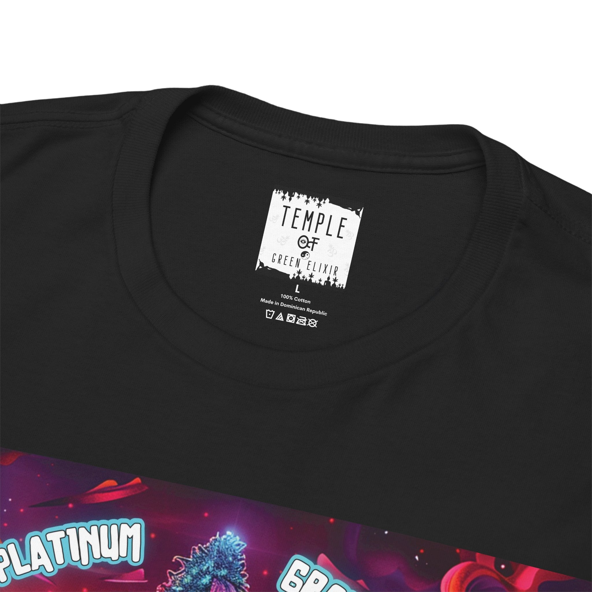 Temple of green Elixir Drucklabel in der innerseite von schwarzem Platinum Jelly T-shirt