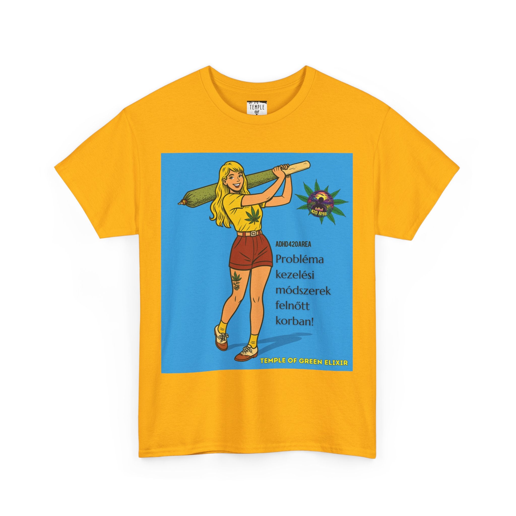 Gelbes T-Shirt mit einer bunten Grafik einer Frau, die einen großen grünen Joint hält, Hanfblatt-Design und dem deutschen Text „ADHD42QAREA Problembehandlungsmethoden im Erwachsenenalter! Temple of Green Elixir“ auf blauem Hintergrund.