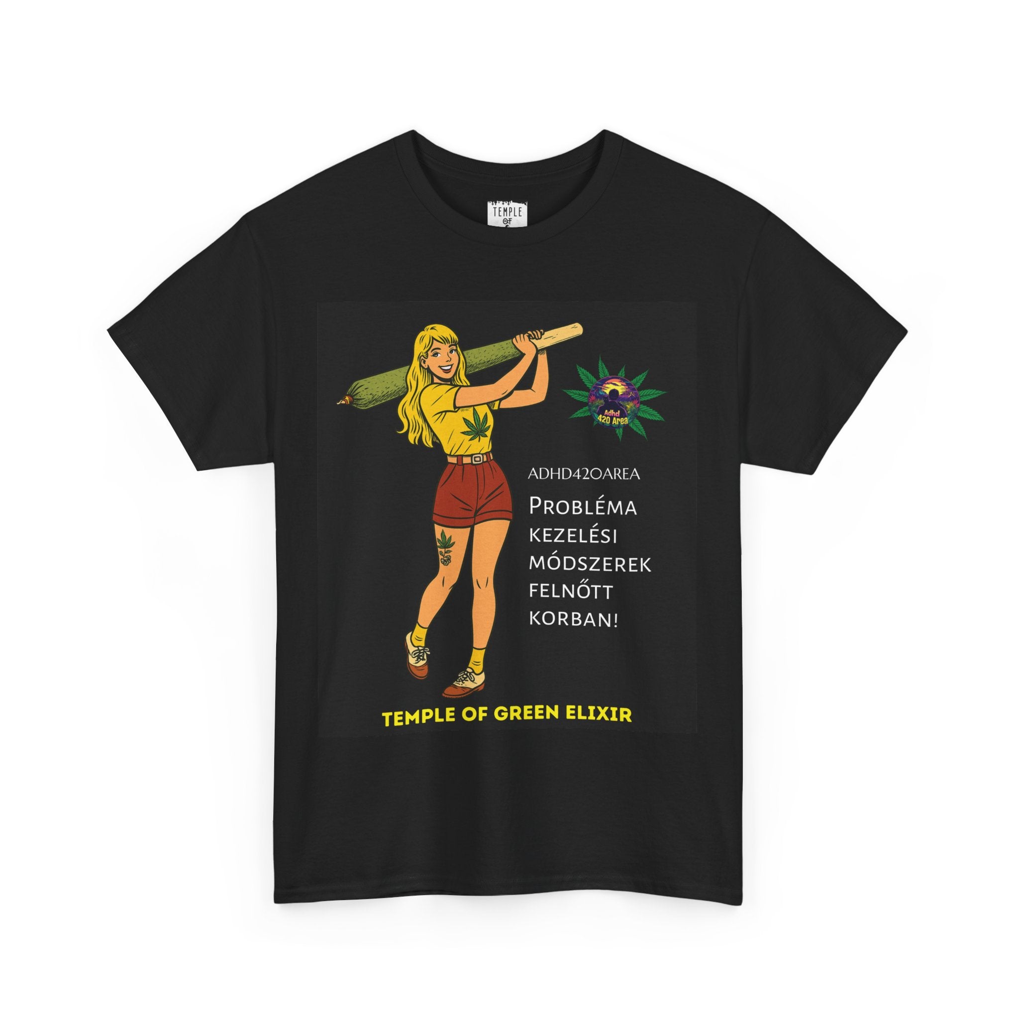 Schwarzes T-Shirt mit einer Grafik einer jungen Frau, die einen großen grünen Joint hält, umgeben von Hanfblatt-Illustrationen und dem deutschen Text „ADHD42QAREA Problembehandlungsmethoden im Erwachsenenalter! Temple of Green Elixir