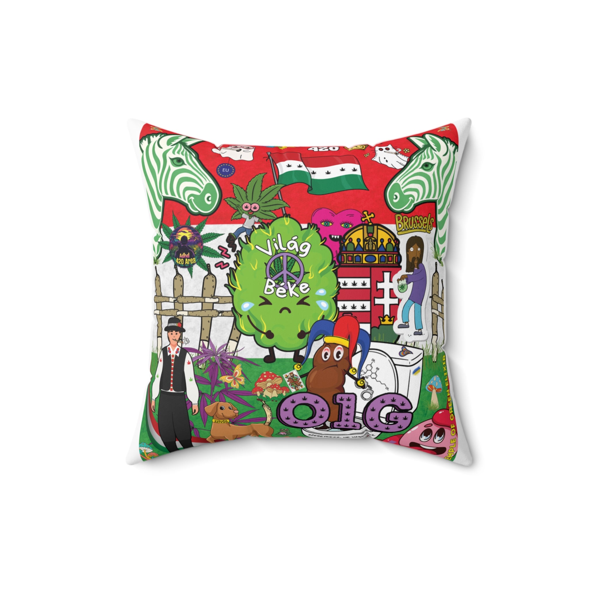 Hochwertiger Weltfrieden Kissenbezug - Temple of Green Elixir  mit einem vollflächigen, komplexen Druck im Cartoon-Stil. Die Collage ist eine humorvolle und kritische Auseinandersetzung mit ungarischen Symbolen, kombiniert mit psychedelischen und Cannabis-bezogenen Elementen, die zum Entdecken und Schmunzeln einlädt.