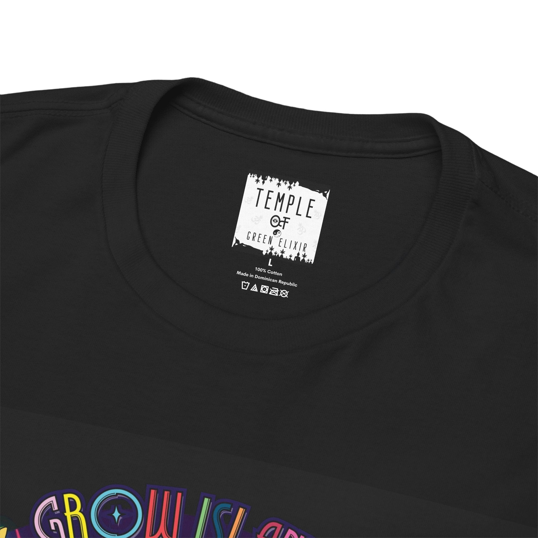Temple of green Elixir Drucklabel in der innerseite vom schwarzen Rainbow Sherbert 11 T-shirt