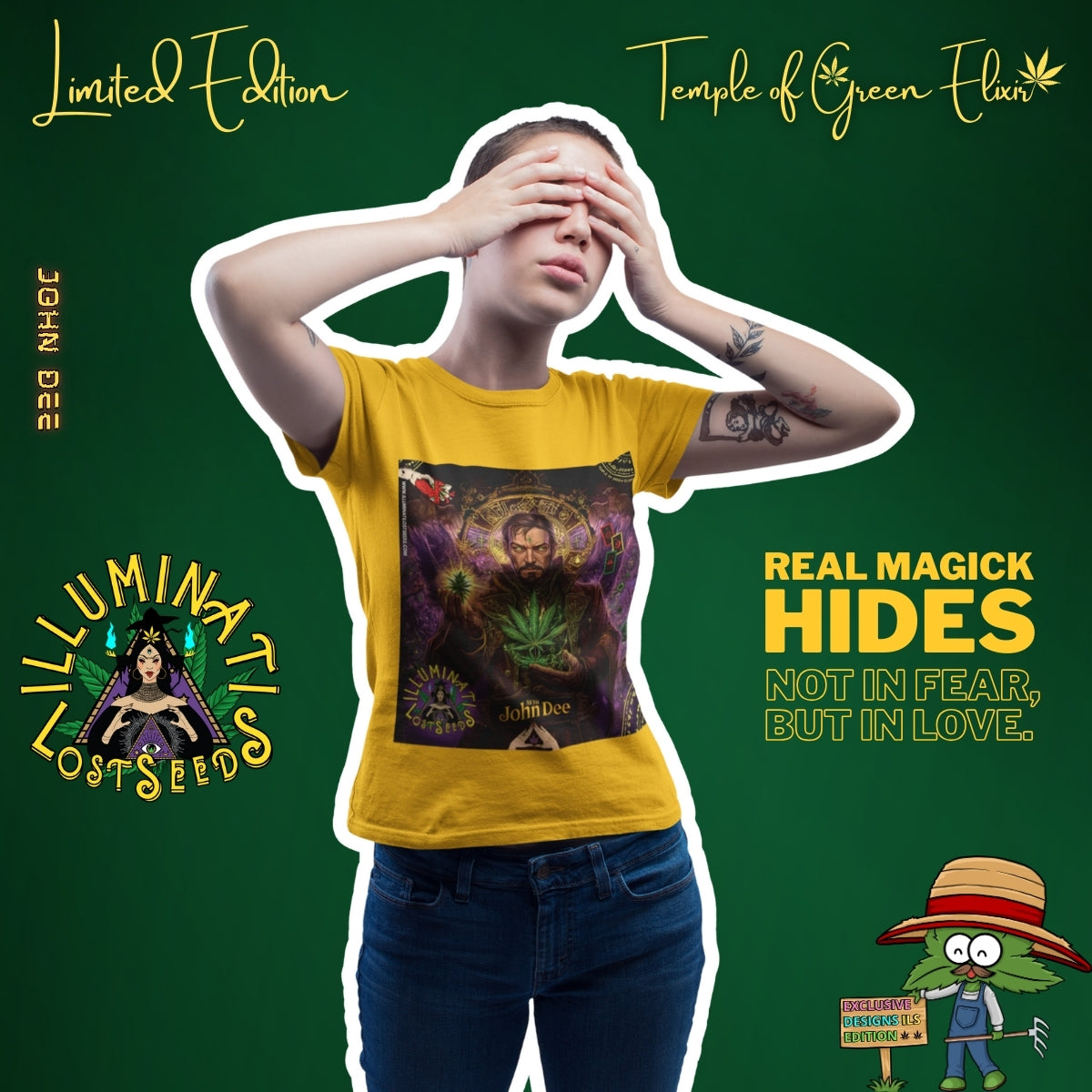 Eine junge Frau mit geschlossenen Augen, die Hände vor dem Gesicht, scheint einen Moment der inneren Einkehr zu erleben. Sie trägt das leuchtend gelbe John Dee T-Shirt, dessen mystisches Design ihre spirituelle Pose unterstreicht. Die Kampagne von "Temple of Green Elixir" und "Illuminati Lost Seeds" mit dem Motto "Real Magick Hides Not in Fear, But in Love" lädt dazu ein, die wahre Magie in sich selbst zu finden.﻿