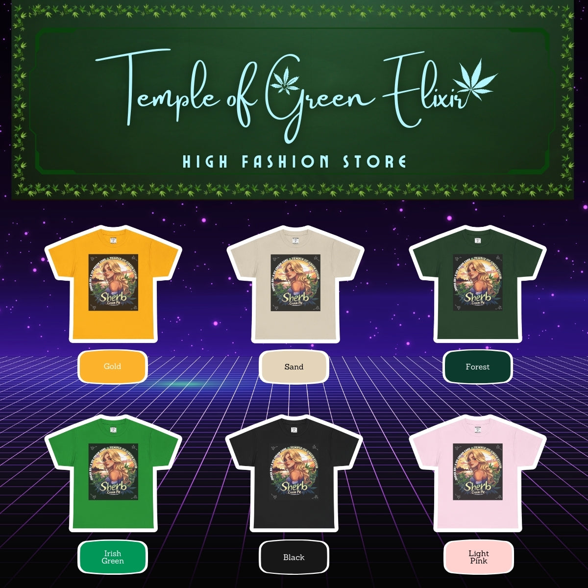 Sherb Cream Pie T-shirt Color chart:
gelb, sand, dunkel grün, irish grün, schwarz, rosa