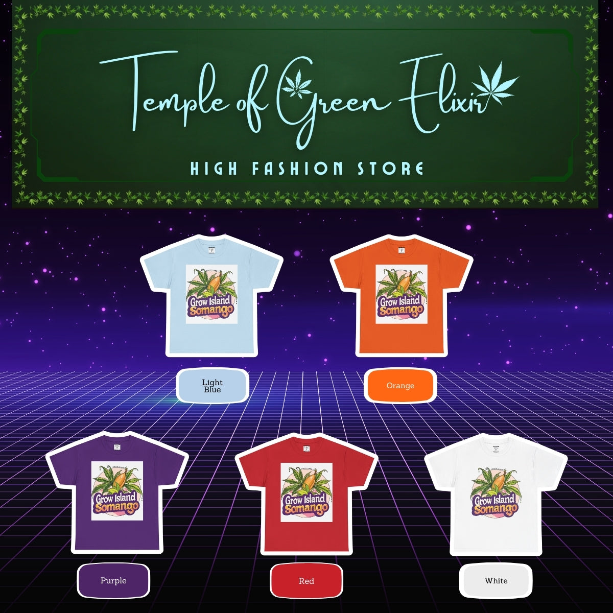 Somango T-shirt Color chart:
Hellblau, Orange, Lila, Rot, Weiß