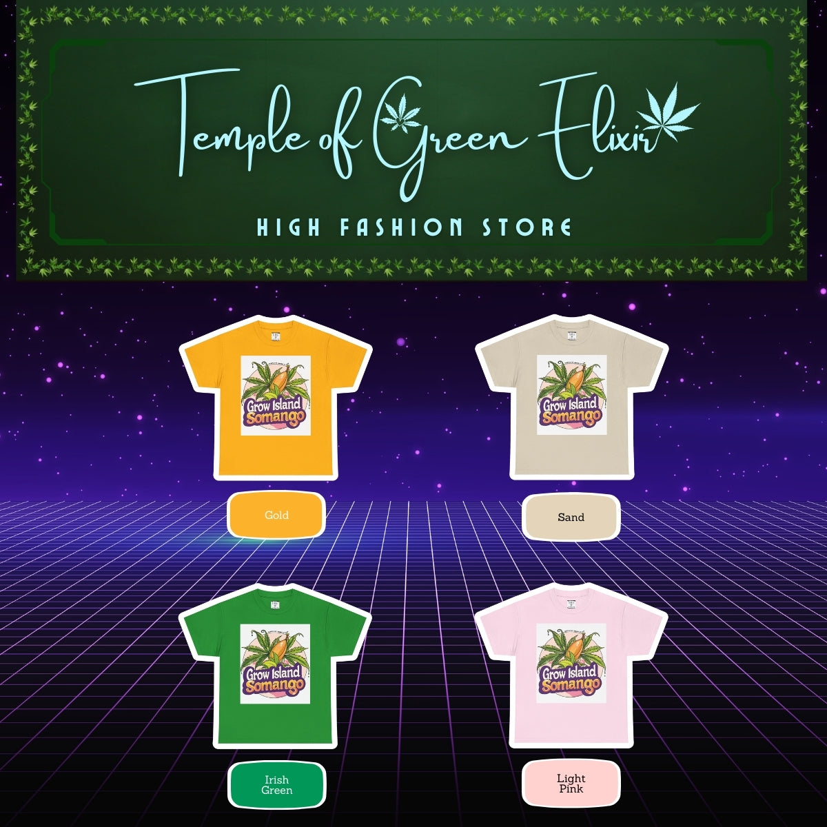 Somango T-shirt Color chart:
Gelb, Sand, Irischgrün, Hellrosa