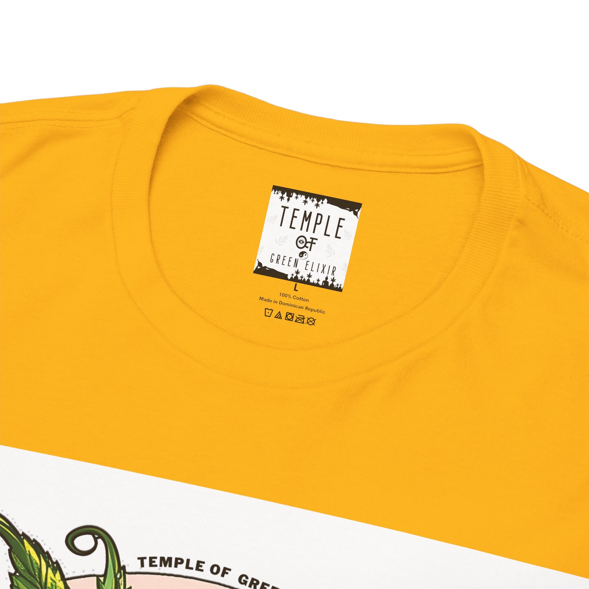 Temple of green Elixir Drucklabel in der innerseite von gelbes Somango T-shirt