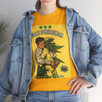 Das leuchtend gelbe wahre liebe T-Shirt mit dem satirischen 'Wahre Liebe'-Motiv wird zum energiegeladenen Blickfang unter einer Jeansjacke. Das farbenfrohe Cartoon-Design über die Liebe zu Cannabis verleiht dem Outfit eine fröhliche und provokante Note.﻿