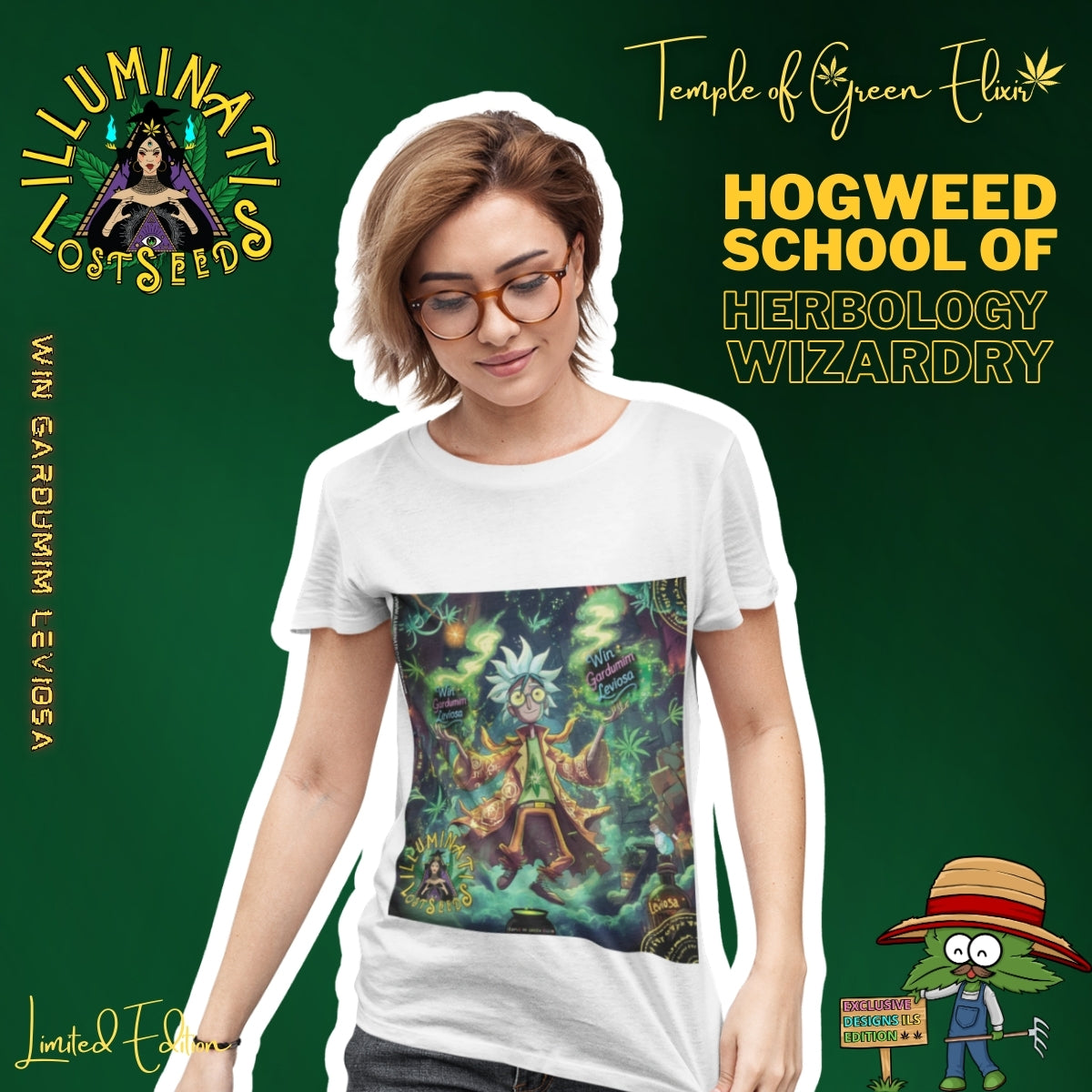  Eine junge Frau mit stylischer Brille und kurzen Haaren repräsentiert die moderne Hexe von heute. Sie trägt das weiße "Wingardium Leviosa" T-Shirt und blickt versonnen auf dessen magisches Motiv. Diese limitierte Edition von "Temple of Green Elixir" und "Illuminati Lost Seeds" ist die perfekte Uniform für alle Schüler der "Hogweed School of Herbology Wizardry".﻿