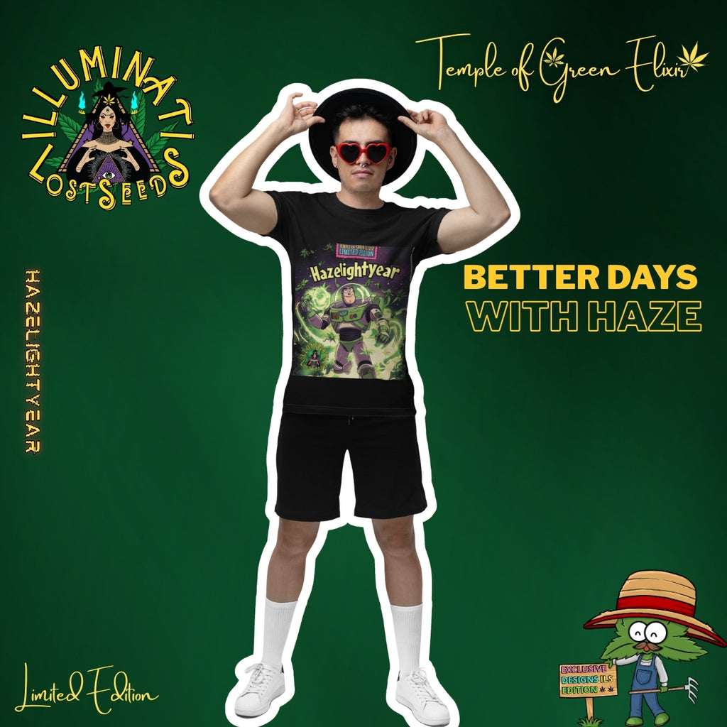 Ein junger Mann posiert selbstbewusst in einem schwarzen T-Shirt mit dem "Hazellightyear"-Aufdruck. Er trägt einen schwarzen Hut und eine rote, herzförmige Sonnenbrille, die seinem Outfit eine verspielte Note verleihen. Die Werbegrafik für die "Limited Edition" von "Temple of Green Elixir" und "Illuminati Lost Seeds" steht unter dem Motto "BETTER DAYS WITH HAZE".﻿