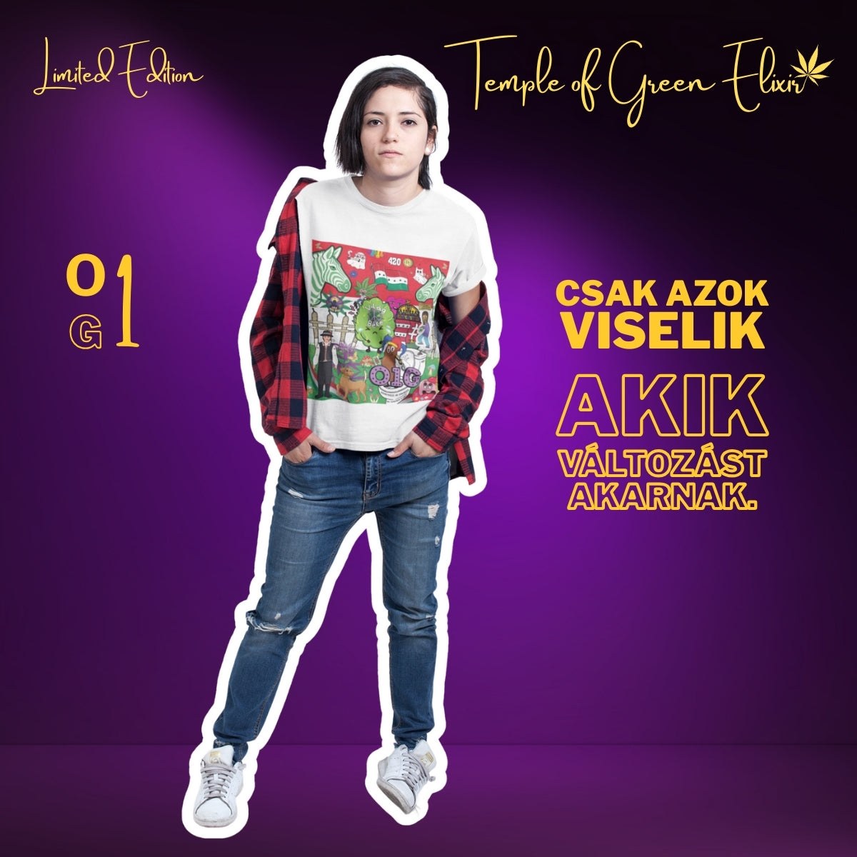 Werbebild für ein limitiertes Weltfrieden T-Shirt von Temple of Green Elixir. Eine Person mit kurzem dunklem Haar, kariertem Hemd und Jeans trägt das weiße Weltfrieden T-Shirt mit einem bunten, satirischen Cartoon-Druck über Ungarn. Der ungarische Slogan 'Csak azok viselik, akik változást akarnak' (Nur die tragen es, die Veränderung wollen) steht neben dem Model auf dem lila Hintergrund.﻿