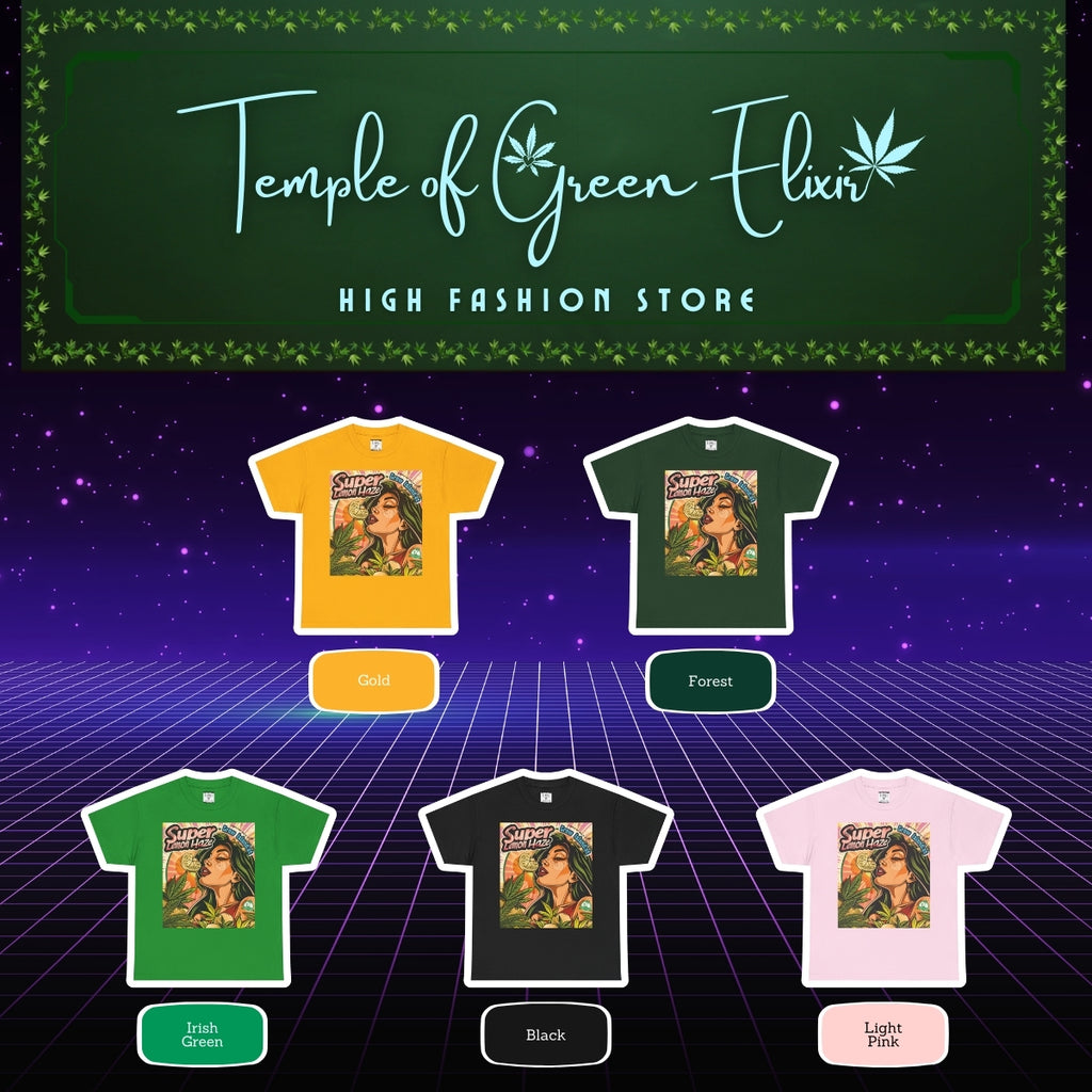 Super Lemon Haze T-shirt Color chart:
Gelb, Waldgrün, Irischgrün, Schwarz, Hellrosa
