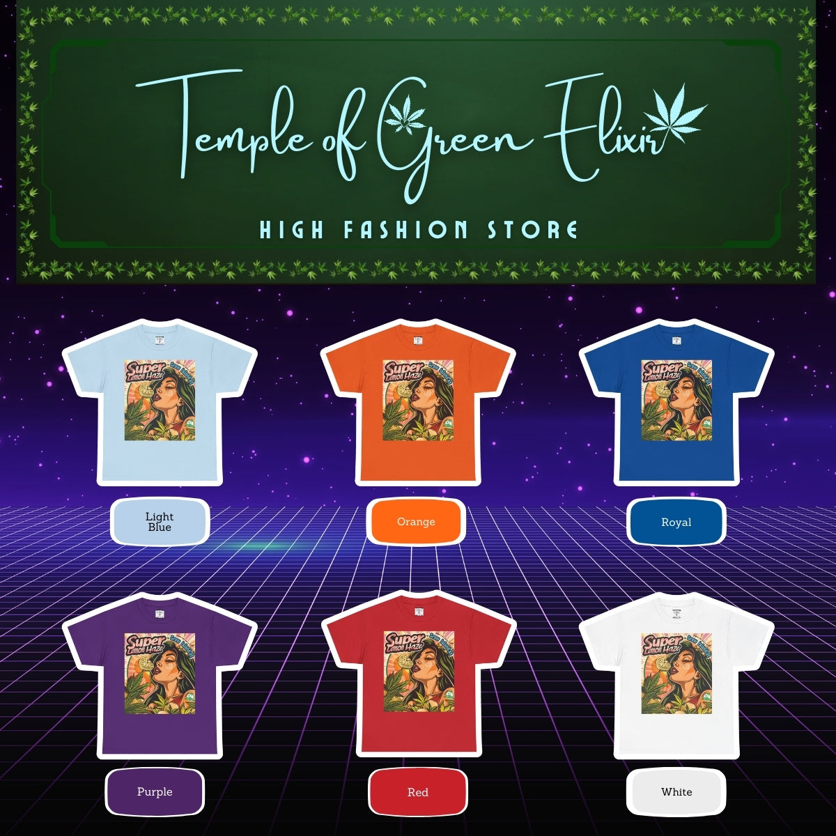 Super Lemon Haze T-shirt Color chart: Hellblau, Orange, blau, Lila, Rot, Weiß