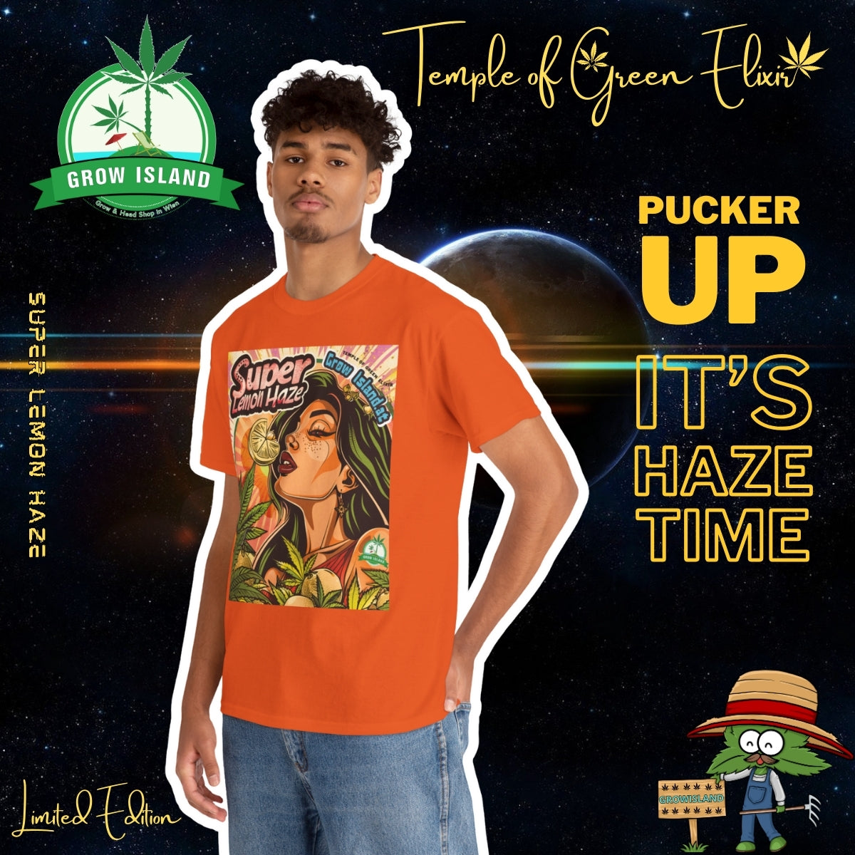 Lockiger Junge steckt seine rechte Hand in die hintere Tasche, trägt ein oranges Super Lemon Haze T-Shirt, steht vor einem kosmischen Hintergrund mit einem Planeten. Auf dem T-shirt die Grüne Lady – hebt langsam eine Zitronenscheibe an ihre Lippen, als würde sie den Sonnenschein selbst kosten. von ihr nach links schöne Cannabis blättern.