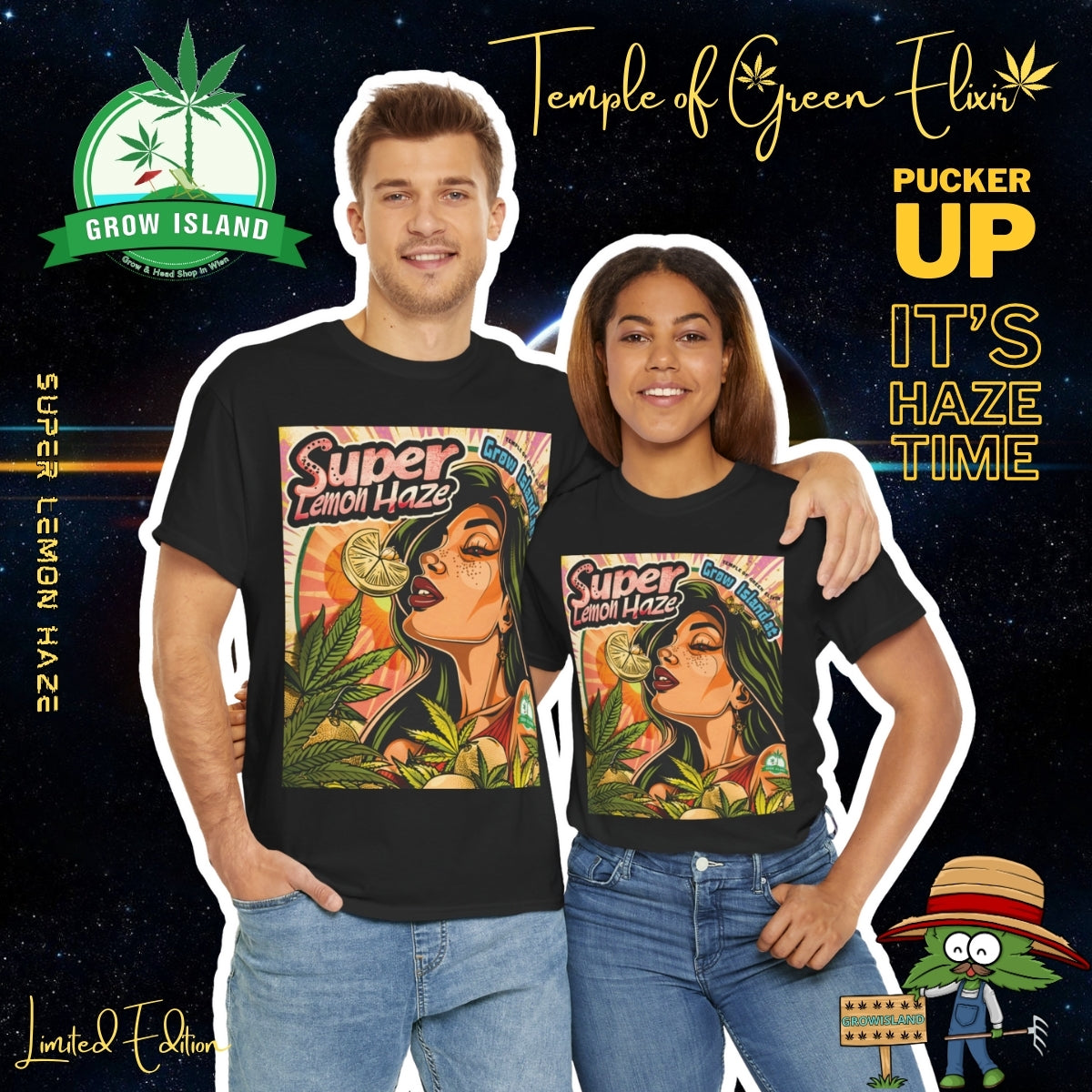 Mann umarmt eine Frau von links, beide tragen schwarze Super Lemon Haze T-Shirts. Auf dem T-Shirt die Grüne Lady – hebt langsam eine Zitronenscheibe an ihre Lippen, als würde sie den Sonnenschein selbst kosten. von ihr nach links schöne Cannabis blättern