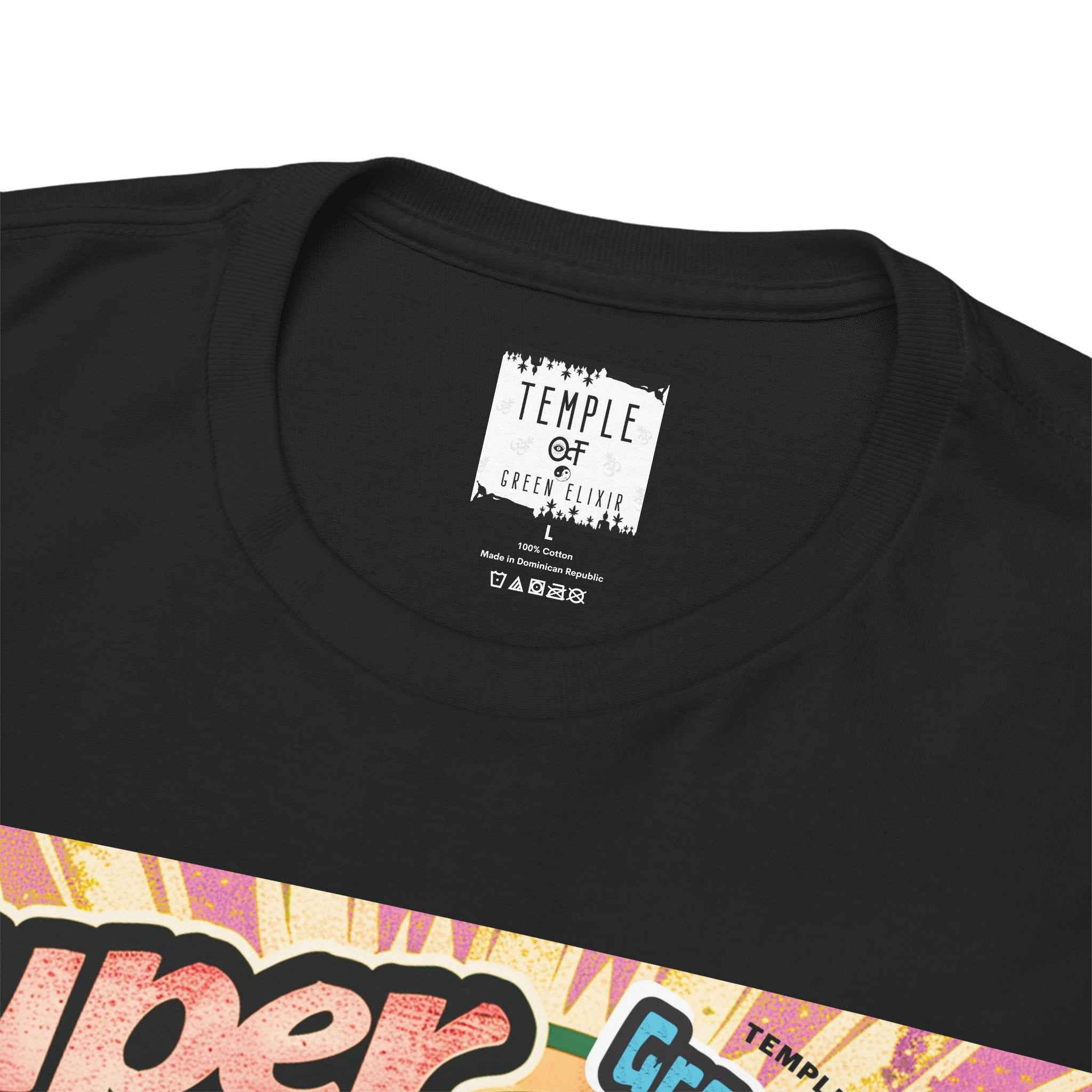 Temple of green Elixir Drucklabel in der innerseite von schwarzem Super Lemon Haze  T-shirt