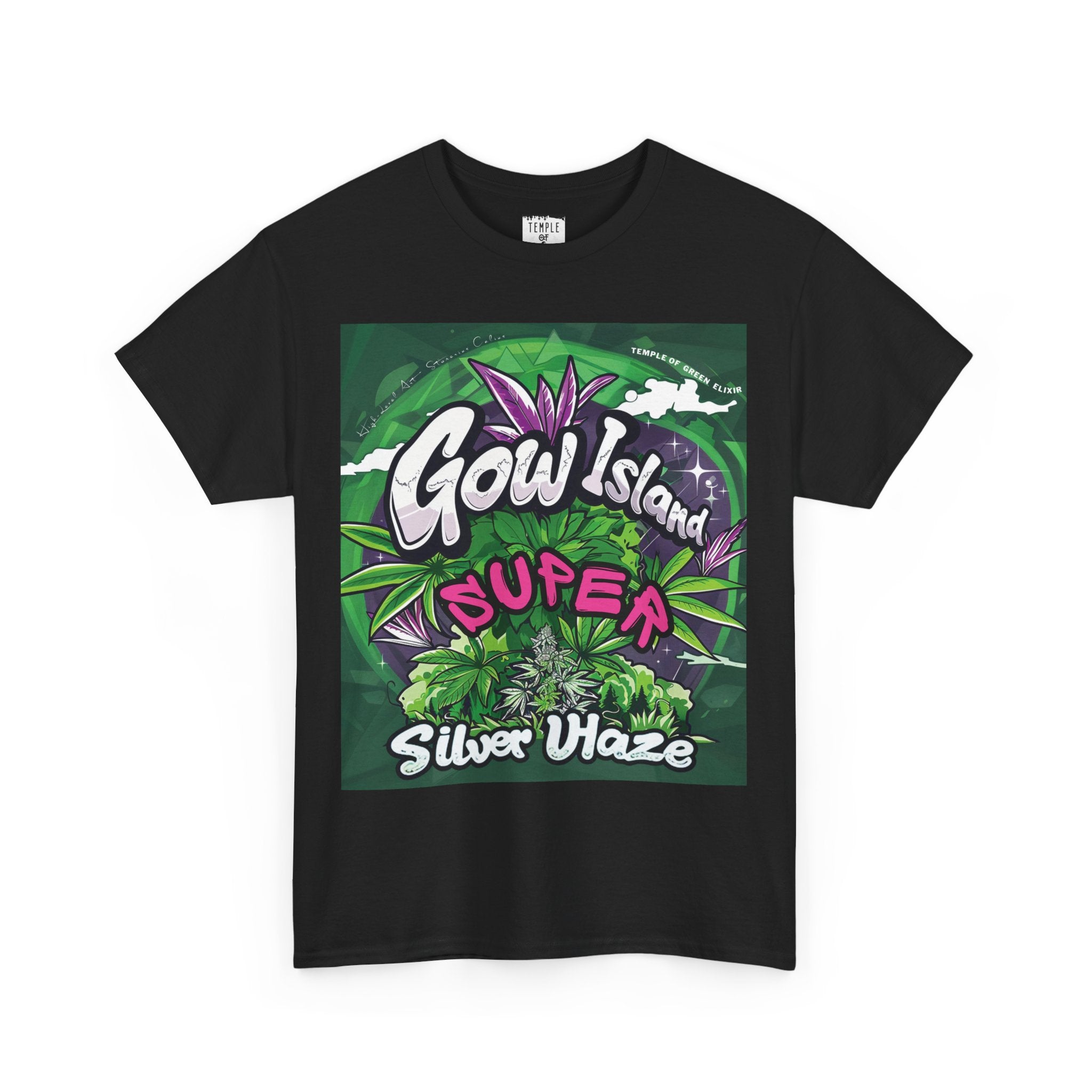 Super Silver Haze T-Shirt schwarz, Leuchtende Grün- und Lilatöne, detailreiche Cannabis-Pflanzenmotive und markante Typografie - Super Silver Haze