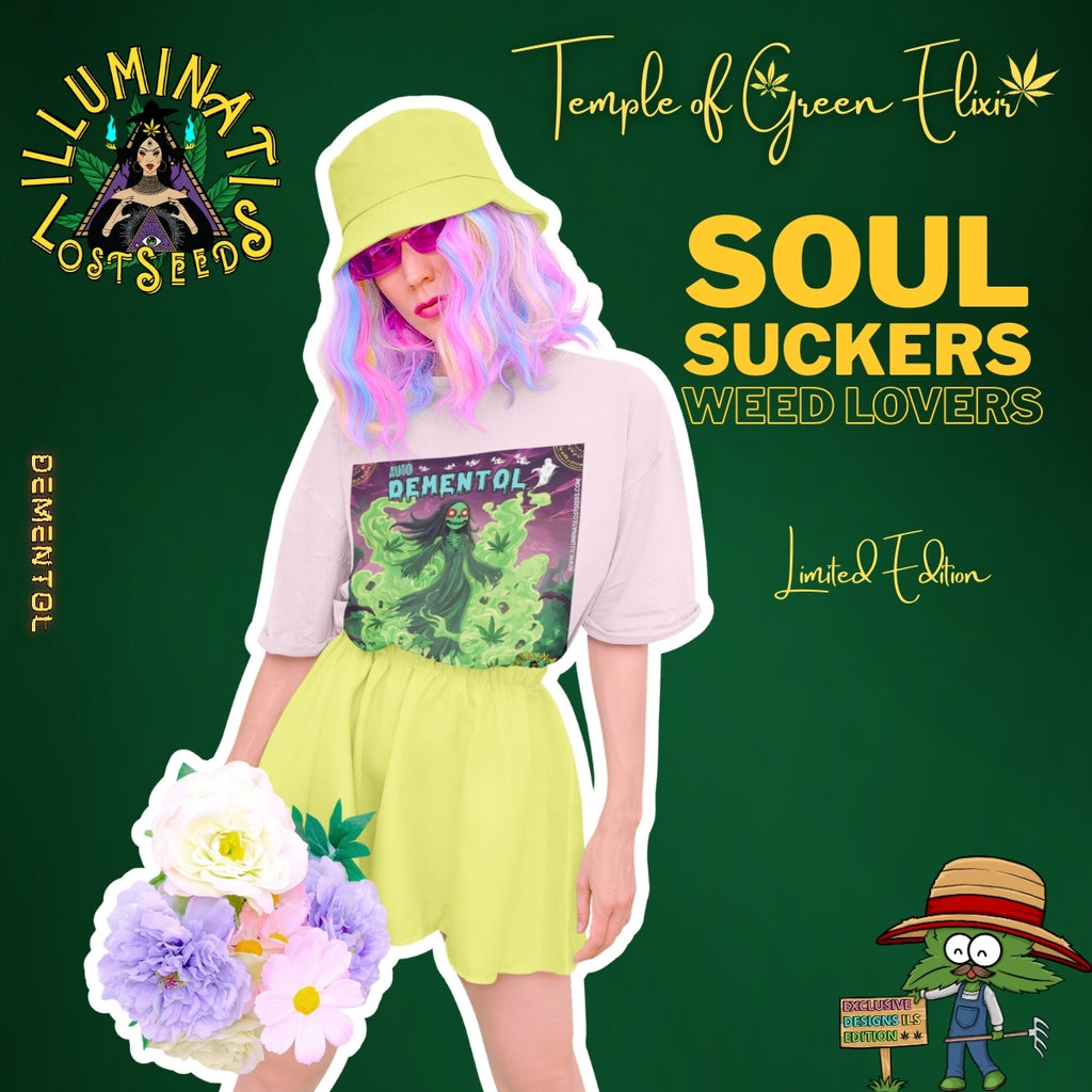Ein Model mit pastellfarbener Perücke und einem Blumenstrauß schafft einen ironischen Kontrast zum düsteren Dementhol T-Shirt. Ihr verspielter, farbenfroher Stil bricht mit dem makabren Motiv und unterstreicht den provokanten Slogan "Soul Suckers Weed Lovers". Diese limitierte Edition von "Temple of Green Elixir" und "Illuminati Lost Seeds" ist ein Statement für alle, die gerne mit Konventionen brechen.﻿