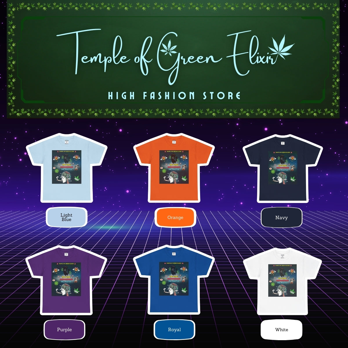 THC MASTER  T-shirt Color chart:
Hellblau, Orange, dunkelblau, Lila, blau, Weiß