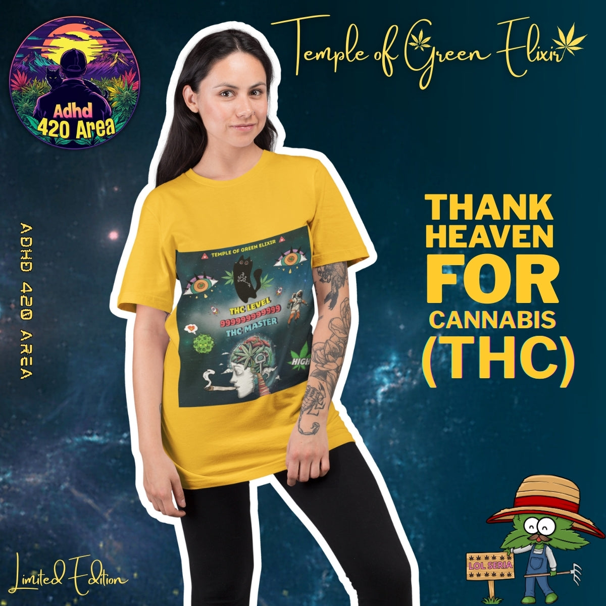 Frau trägt gelbes T-Shirt mit psychedelischem Motiv: große Augen, schwarze Katze mit Hanfblatt, Astronaut und Gehirn-Grafik, dazu Schriftzüge „Temple of Green Elixir“, „THC LEVEL 999999999999“, „THC MASTER“, „HIGH“. Im Hintergrund sind „Adhd 420 Area“, „Temple of Green Elixir“, „Limited Edition“ sowie große gelbe Schrift „Thank Heaven for Cannabis (THC)“.