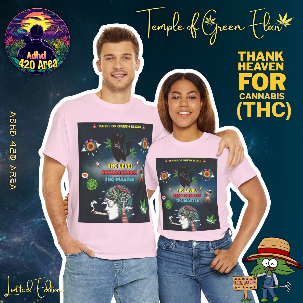 Ein Mann und eine Frau stehen nebeneinander vor blauem Hintergrund, beide tragen rosa T-Shirts mit psychedelischem Motiv: bunte Augen, schwarze Katze mit Hanfblatt, Astronaut und Hirngrafik, Schriftzüge „Temple of Green Elixir“, „THC LEVEL 999999999999“, „THC MASTER“, „HIGH“. Im Hintergrund sind „Adhd 420 Area“, „Temple of Green Elixir“, „Limited Edition“ sowie der gelbe Text „Thank Heaven for Cannabis (THC)