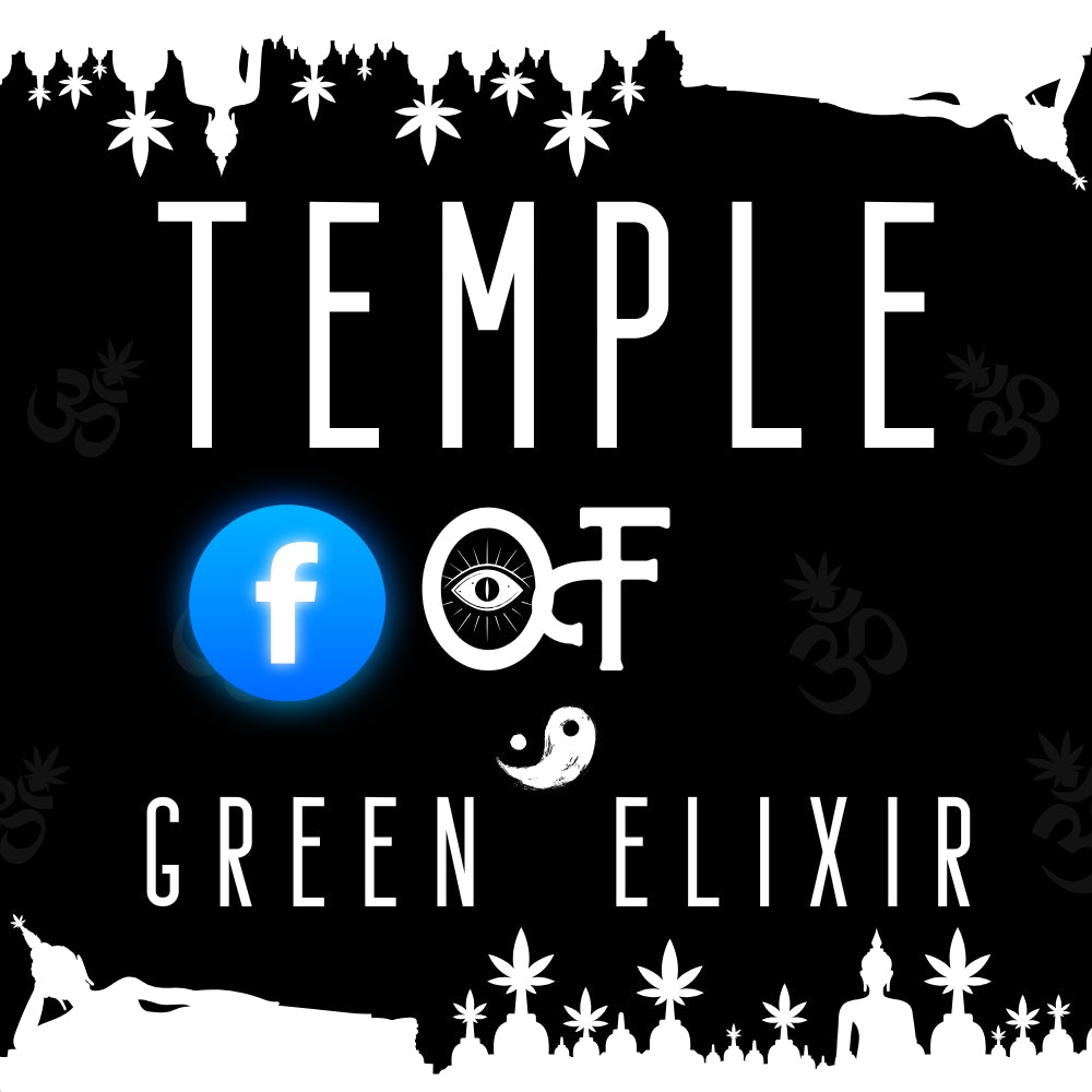 Das Logo von Temple of Green Elixir verbindet Spiritualität, Natur und moderne Ästhetik. Mit Symbolen wie dem „Om“, dem Auge der Erkenntnis und Hanfblättern steht es für Achtsamkeit, Balance und kreative Ausdruckskraft. Eine Marke, die bewusstes Leben, nachhaltige Mode und die grüne Kultur zu einem harmonischen Ganzen vereint. Auf der linke seite steht auch ein Facebook logo