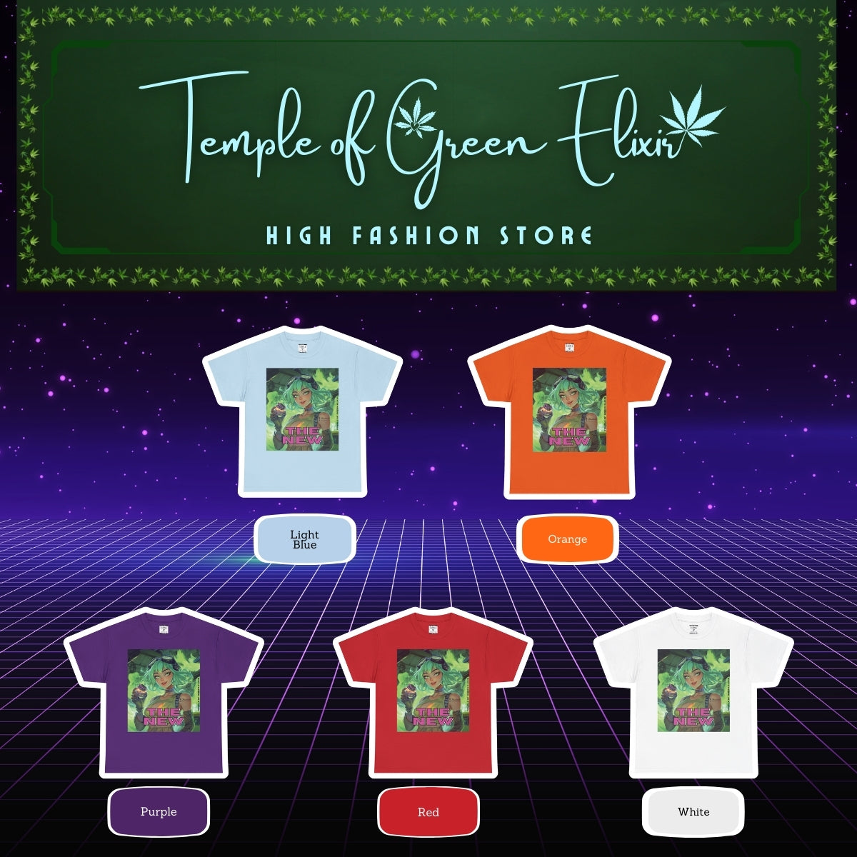 The New T-shirt Color chart:
Hellblau, Orange, Lila, Rot, Weiß
