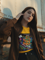 Eine Frau mit einem geheimnisvollen Blick präsentiert das "Auto 5N in the Mornin'" T-Shirt vor einer industriellen Kulisse. Ihr leuchtend gelbes Shirt mit dem psychedelischen Katzen-Motiv ist ein Statement für alle, die das Magische im Alltäglichen finden. Diese limitierte Edition von "Temple of Green Elixir" und "Illuminati Lost Seeds" verbindet urbanen Style mit kosmischer Fantasie