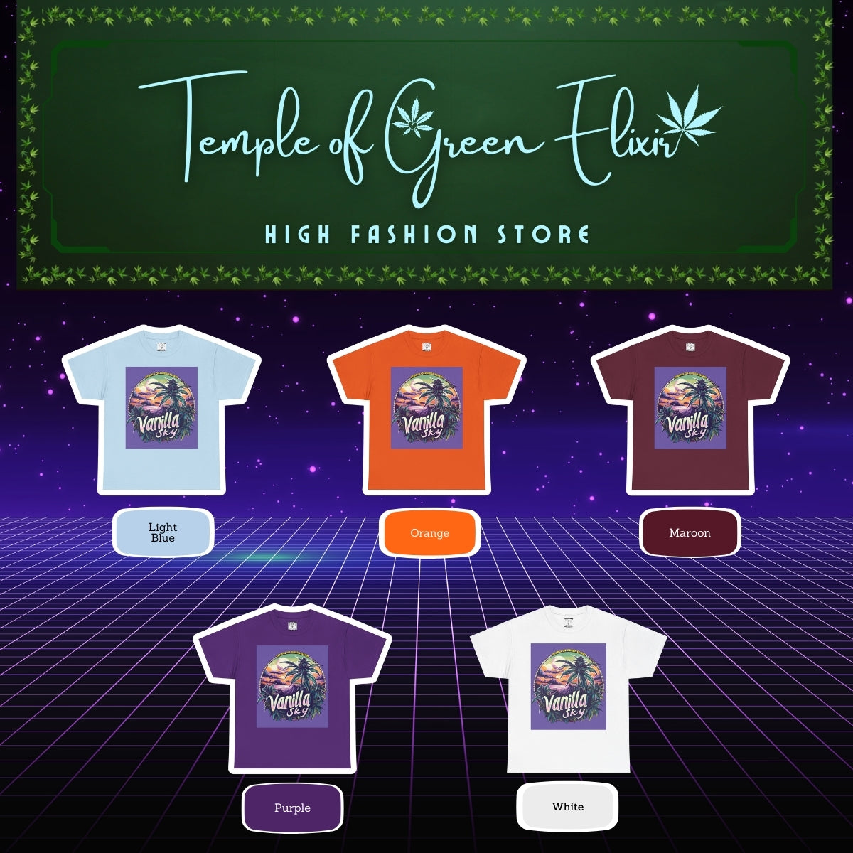 Vanilla Sky T-shirt Color chart:
Hell Blau, Orange, Bordou, Lila, weiss