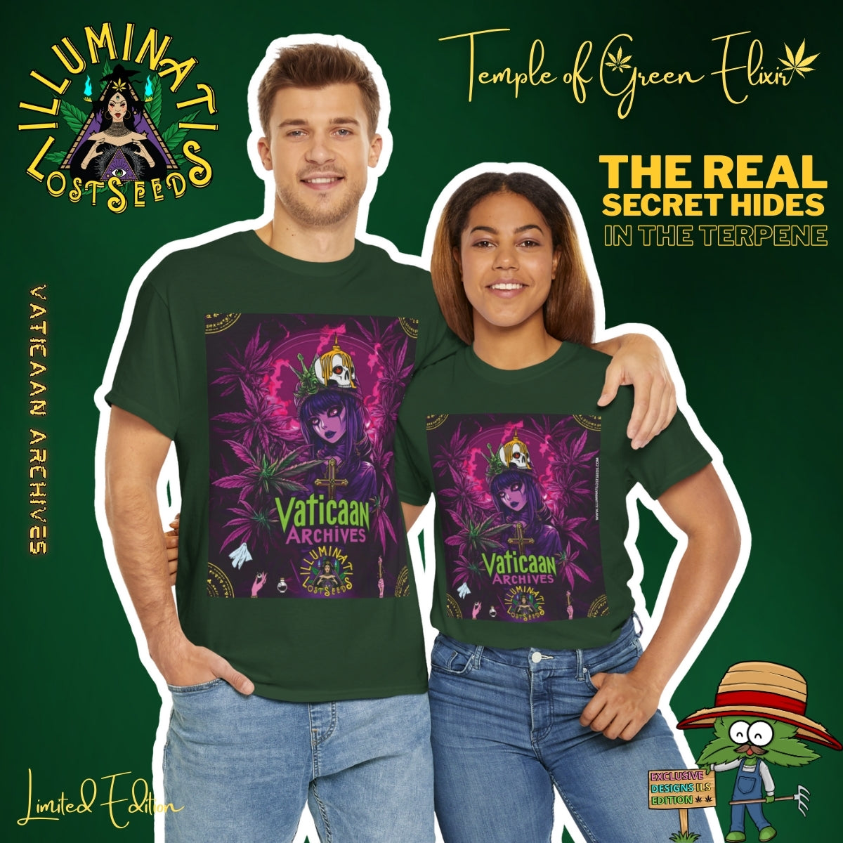 Junges Paar umarmt sich, der Mann steht links, die Frau rechts, beide tragen grüne T-Shirts vor grünem Hintergrund mit Schriftzügen wie ‚Illuminati Lost Seeds‘, ‚Temple of Green Elixir‘ und ‚The real secret hides in the terpene‘. Auf dem T-shirt  gotische Figur, umgeben von lilafarbenen und grünen Cannabisblättern. Auf ihrem Kopf thront eine provokative Krone mit Kreuzmotiv. 