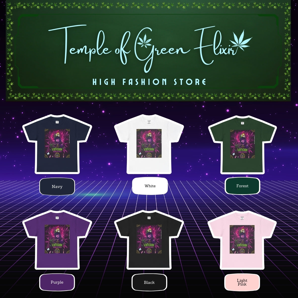 Vaticaan Archives T-shirt Color chart:
Dunkelblau, Weiß, Waldgrün, Lila, Schwarz, Hellrosa
