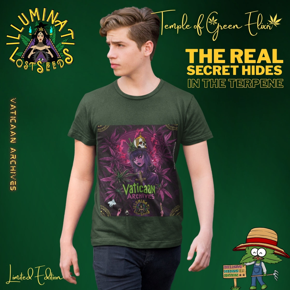 Junge Mann trägt ein grünes T-Shirt mit Vaticaan Archives-Motiv, vor grünem Hintergrund mit Schriftzügen wie ‚Illuminati Lost Seeds‘, ‚Temple of Green Elixir‘ und ‚The real secret hides in the terpene‘. Auf dem T-shirt steht gotische Figur, umgeben von lilafarbenen und grünen Cannabisblättern. Auf ihrem Kopf thront eine provokative Krone mit Kreuzmotiv.  Im unteren Bereich steht der grüne Schriftzug ‚Vaticaan Archives‘ und das Illuminati Lost Seeds Logo, dekoriert mit kleinen Symbolen.