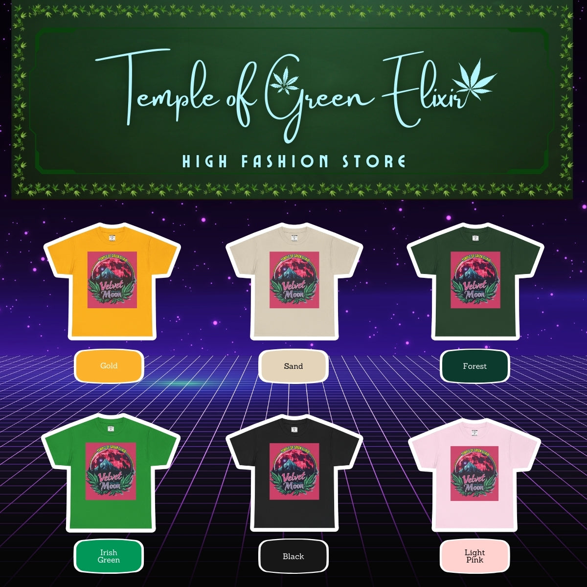 Velvet Moon T-shirt Color chart:
gelb, sand, dunkel grün, irish grün, schwarz, rosa