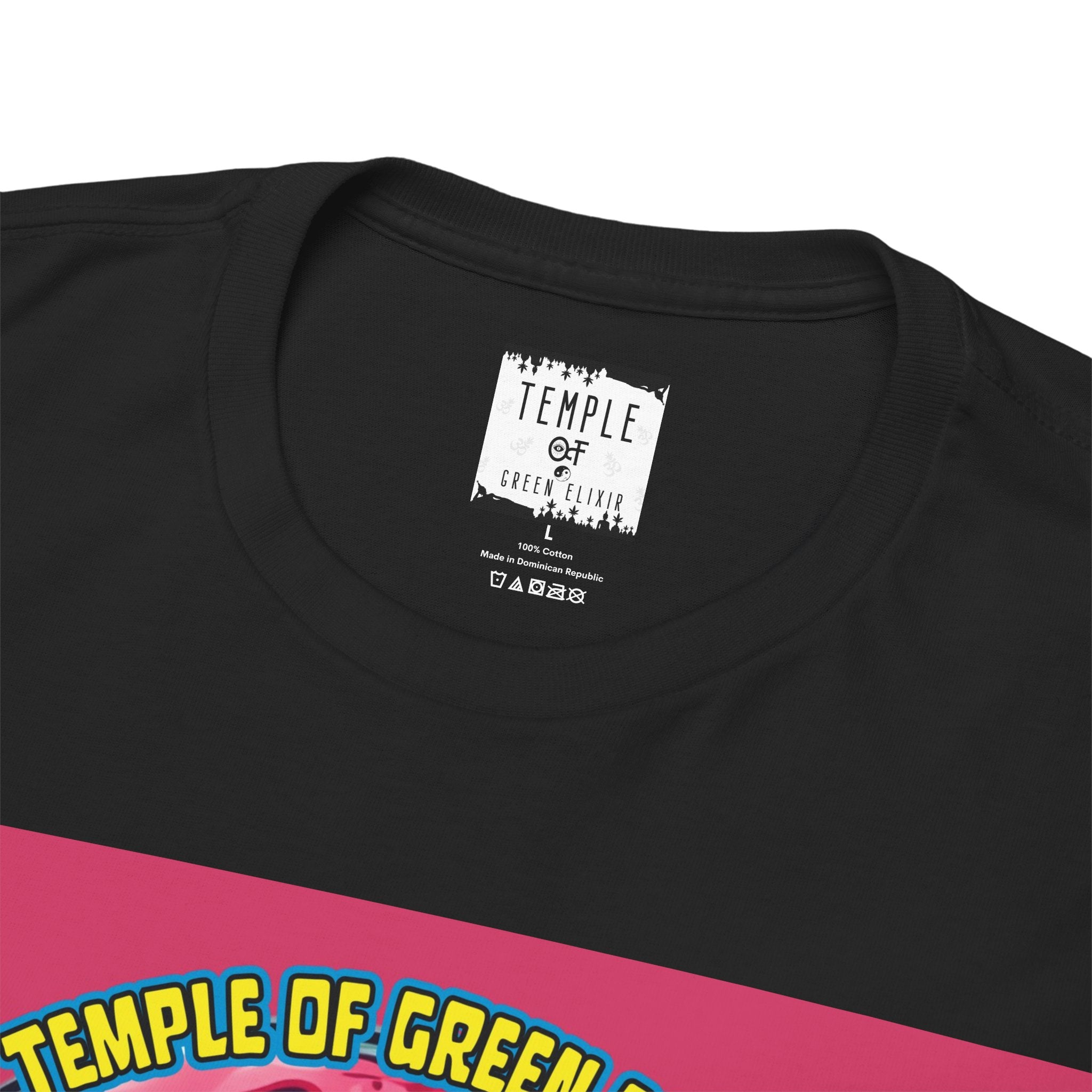 Temple of green Elixir Drucklabel in der innerseite von schwarzem Velvet Moon T-shirt