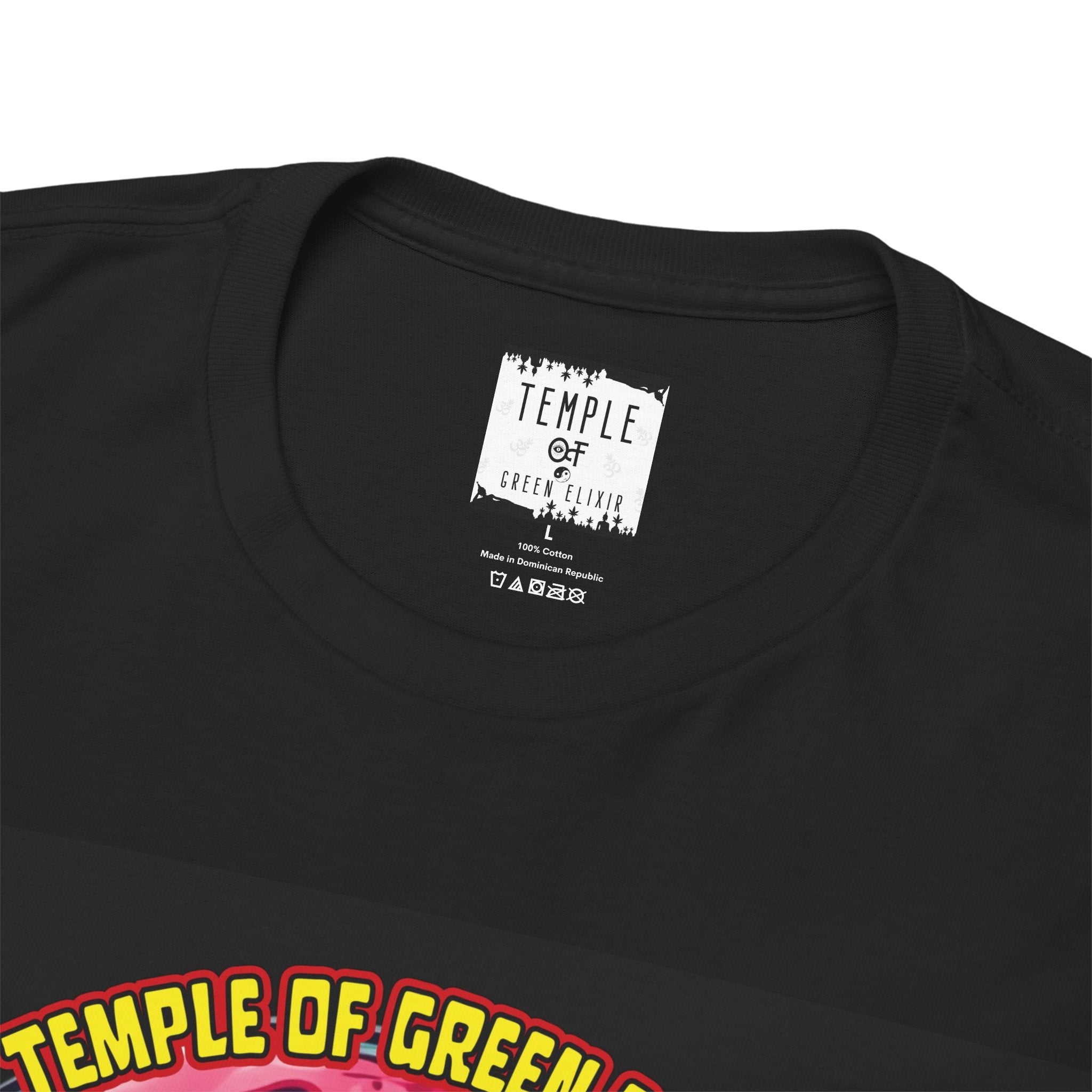 Temple of green Elixir Drucklabel in der innerseite von schwarzem Velvet Moon T-shirt