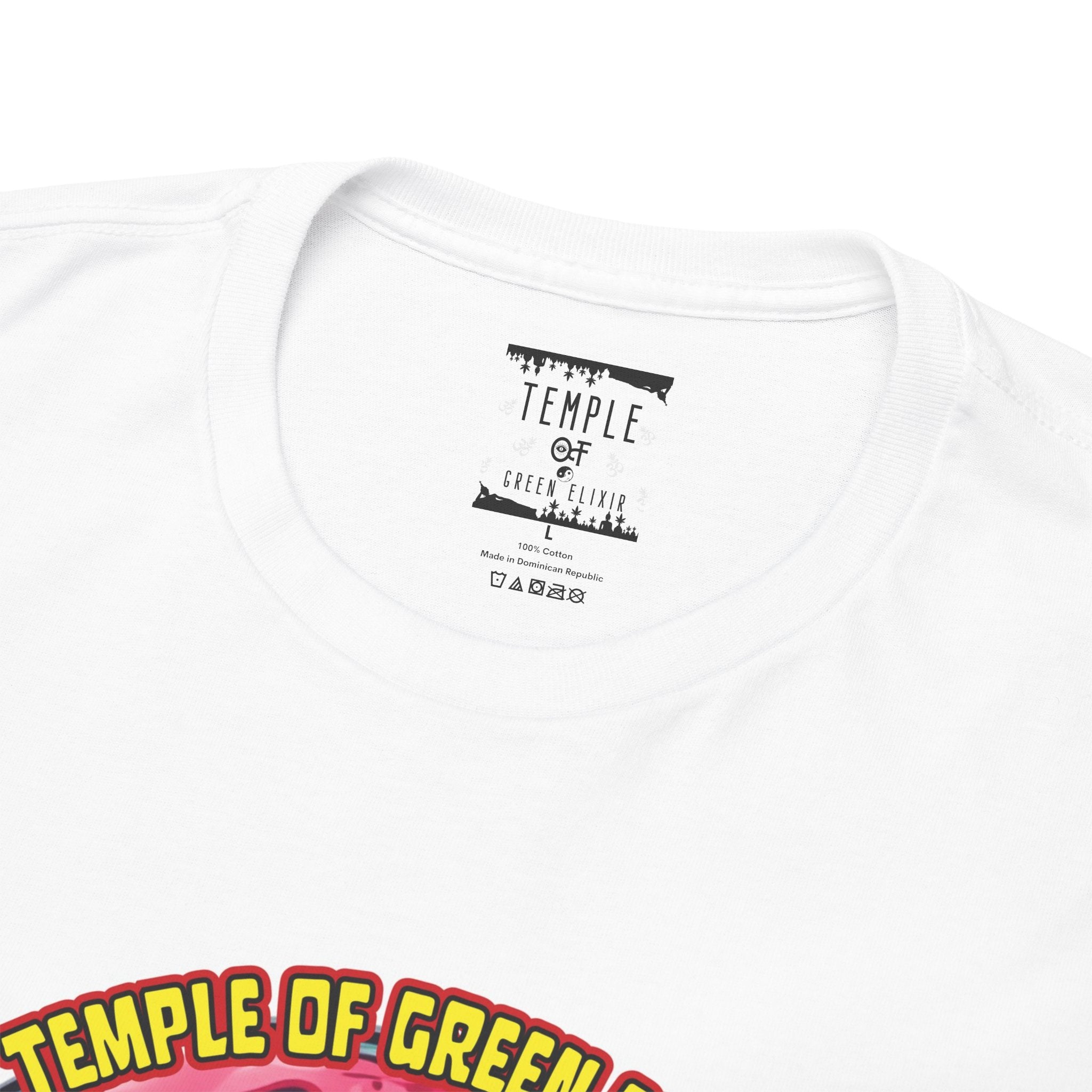 Temple of green Elixir Drucklabel in der innerseite von weissem Velvet Moon T-shirt