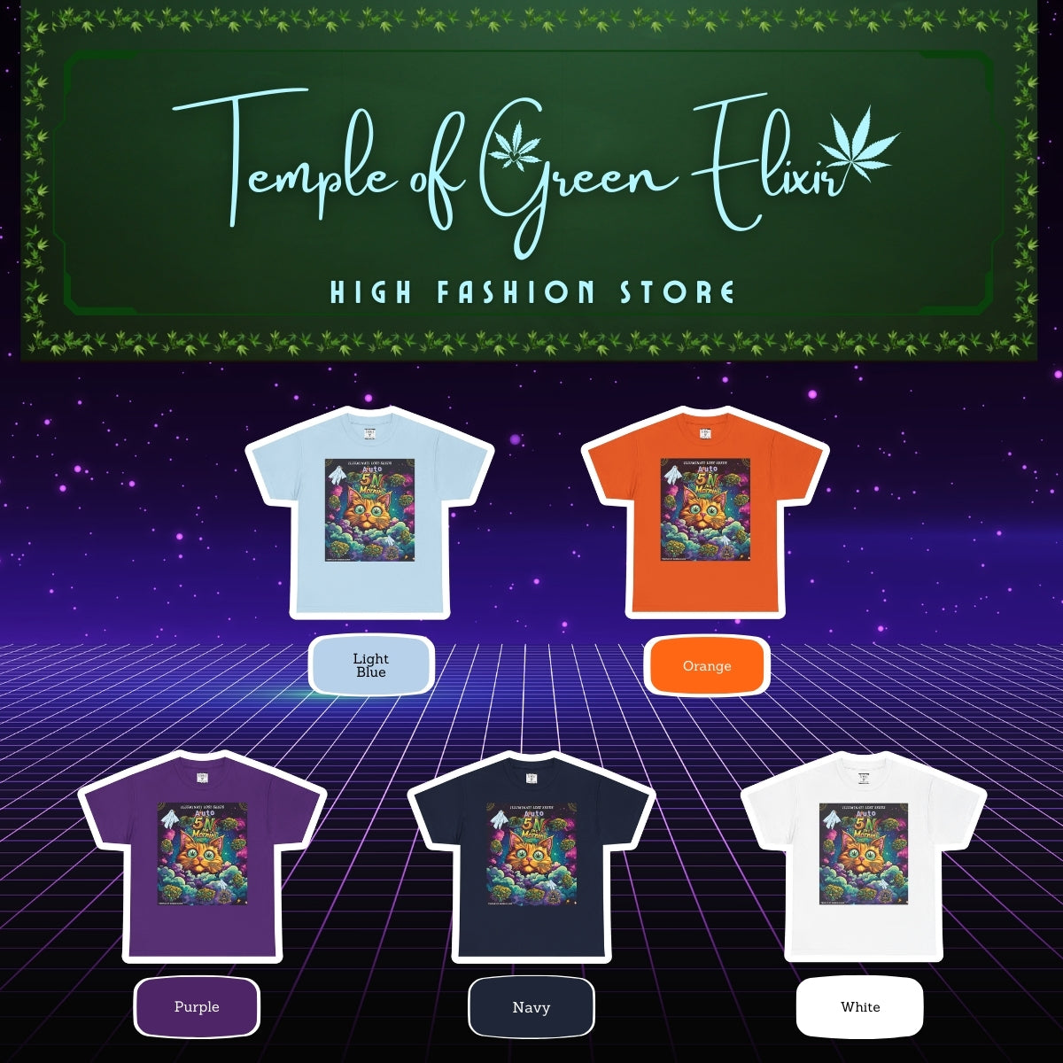 Fünf farbintensive Varianten des Auto 5 in the Mornin’ T-Shirts von Temple of Green Elixir x Illuminati Lost Seeds. Perfekt für alle, die ihren Style mit künstlerischem Flair und positiver Vibration verbinden wollen.
Wählbare Farben:
Hellblau, orange, lila, dunkelblau, weiß 