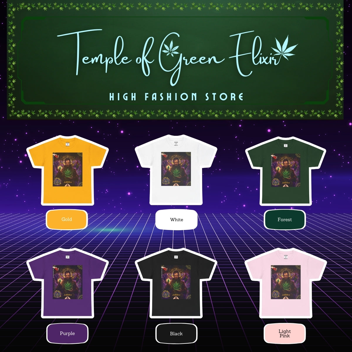 Entdecke die mystische Welt von John Dee T-shirt in sechs verschiedenen Farbvarianten. Diese Produktübersicht von "Temple of Green Elixir" zeigt das detailreiche Alchemisten-Design auf T-Shirts in Gold, Weiß, Waldgrün, Lila, Schwarz und Hellrosa. Vor einem retro-futuristischen Hintergrund im 80er-Jahre-Stil findest du garantiert die perfekte Farbe, die zu deinem individuellen, magischen Stil passt.﻿