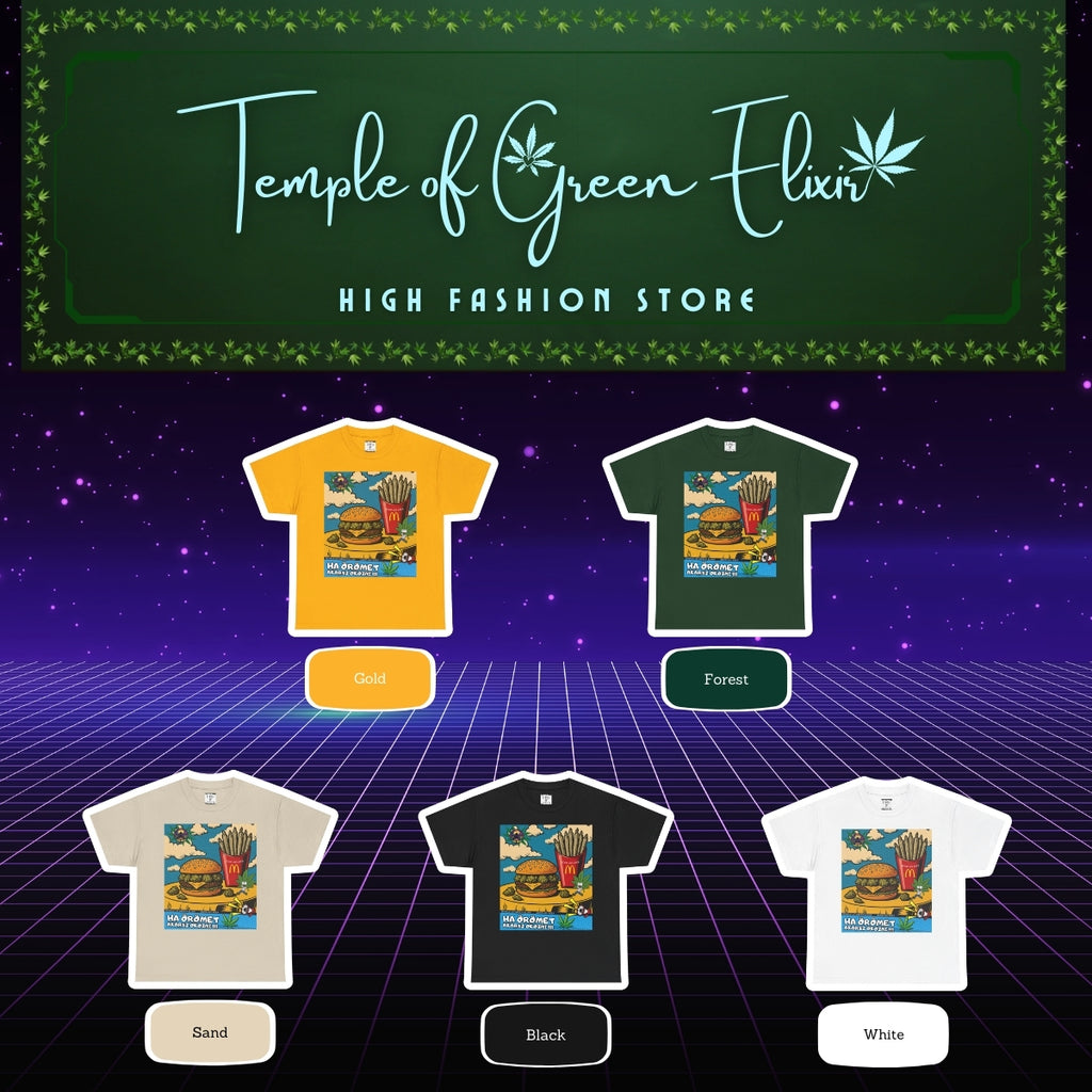Farbübersicht des Hamburger T-Shirts von Temple of Green Elixir. Die Grafik zeigt das T-Shirt-Modell in fünf verschiedenen Farben: Gelb, Dunkelgrün, Beige, Schwarz und Weiß. Über der Auswahl steht das Markenlogo vor einem retro-futuristischen Hintergrund.﻿