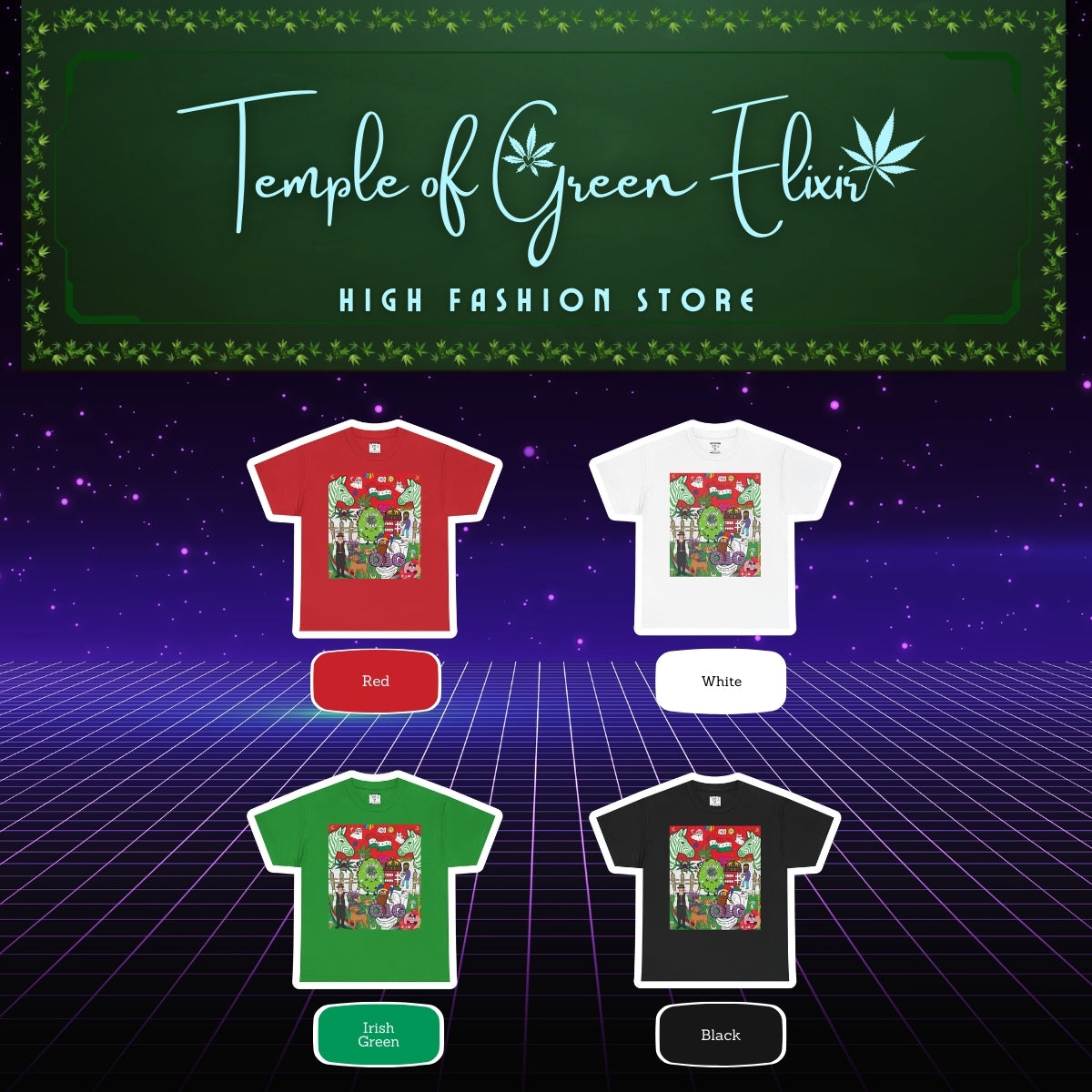 Die Farbpalette des Weltfrieden T-Shirts. Gezeigt werden vier T-Shirts in den Farben : rot, weiss, irisch grün, schwarz