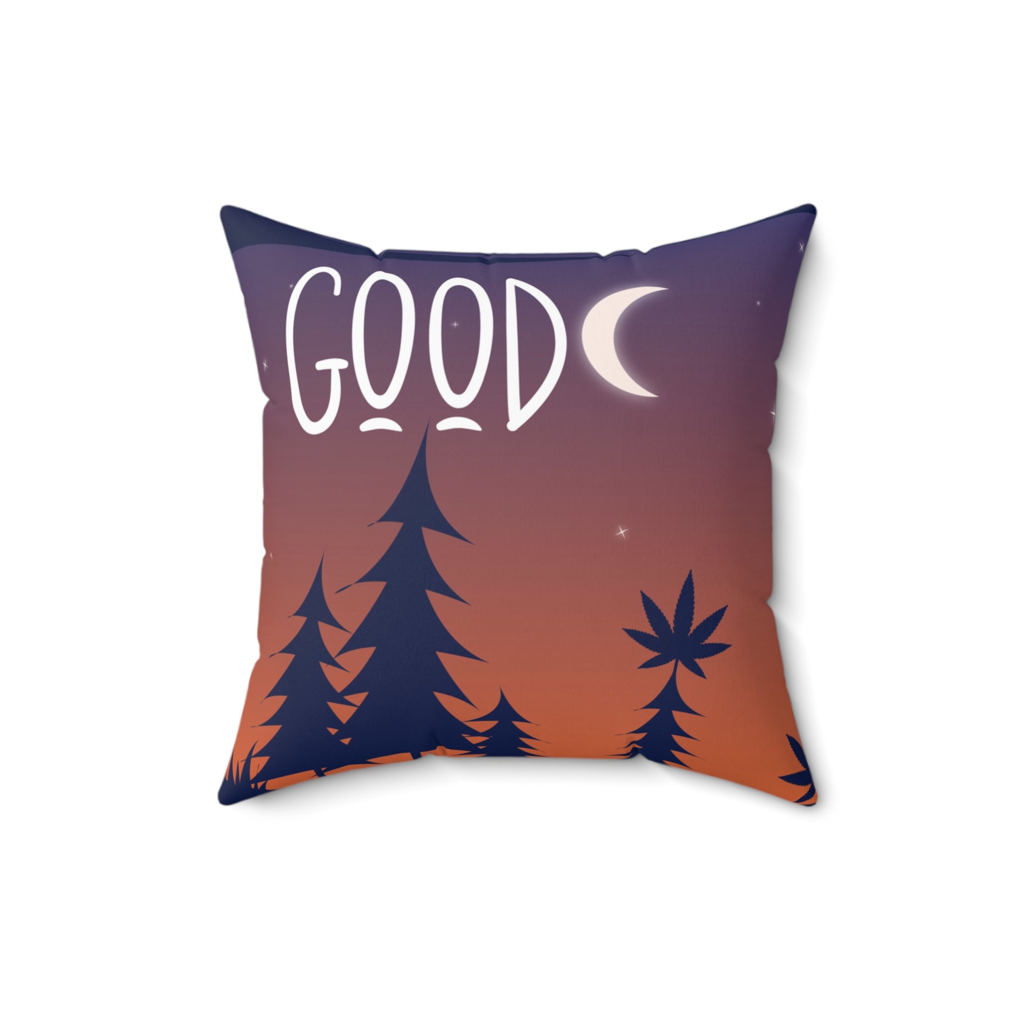Ein dekoratives Good Night Camp Cannabis Kissen - Temple of Green Elixir, das eine stilisierte Nachtszene darstellt. Vor einem Farbverlauf von Orange zu Dunkelviolett zeichnen sich die Silhouetten von Tannenbäumen und einem einzelnen Cannabis-Blatt ab. Oben links steht der weiße Schriftzug "GOOD" und ein leuchtender Halbmond vor einem Sternenhimmel.﻿